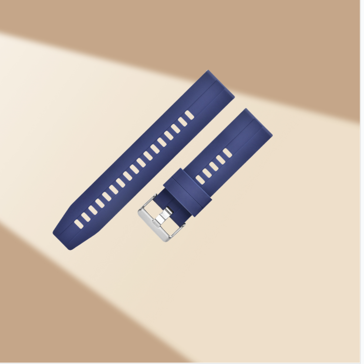 Coppia di cinturini per smartwatch blu con fibbia in metallo, su una superficie beige con ombre.