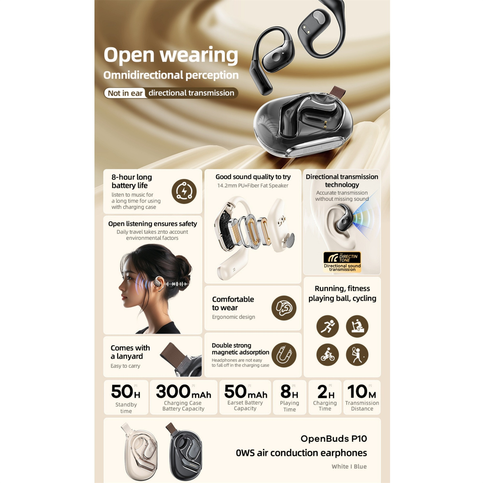 Werbebild von schwarzen und weißen OpenBuds P10 Kopfhörern mit Funktionen.