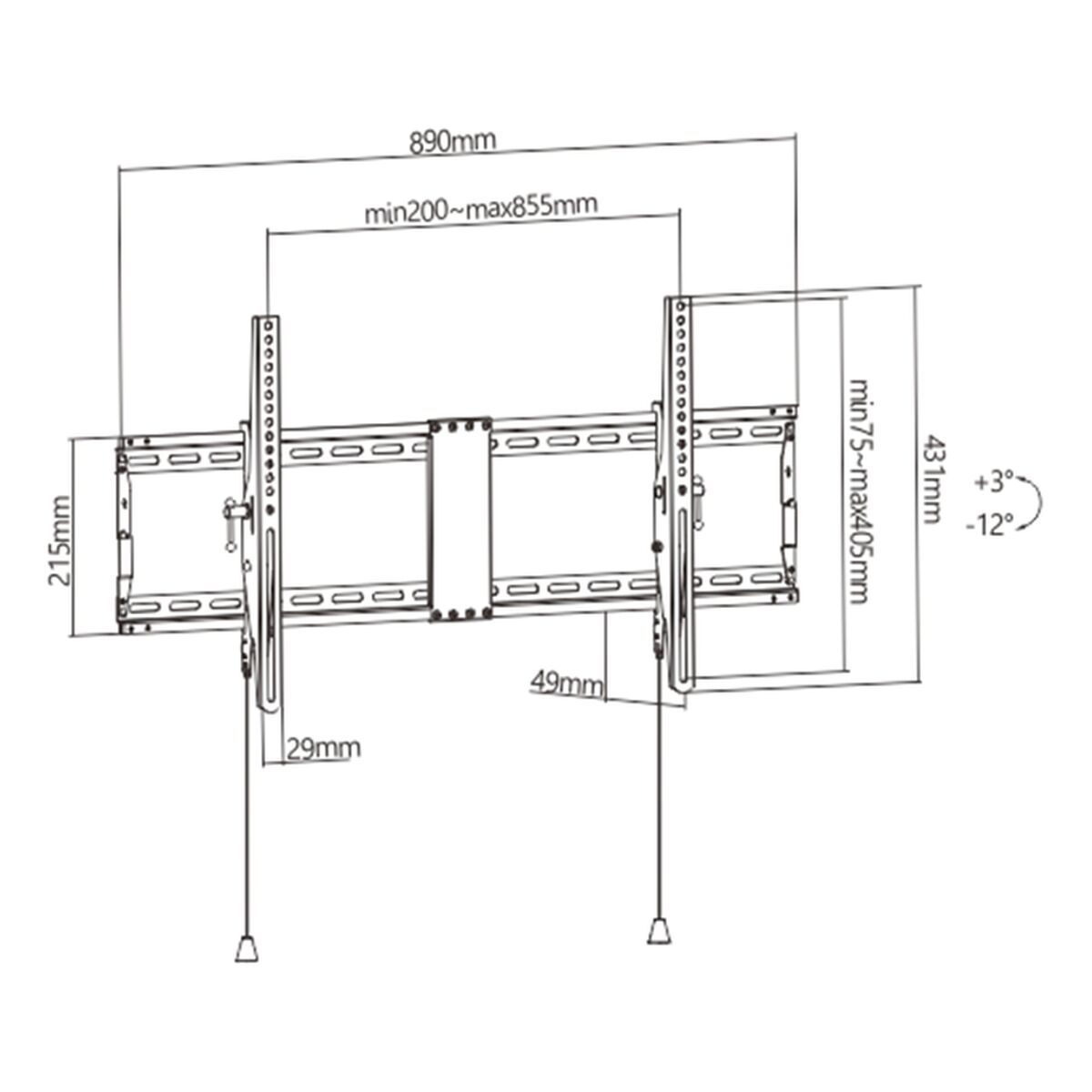 Schematic drawing of a TV wall mount with measurements and dimensions.
