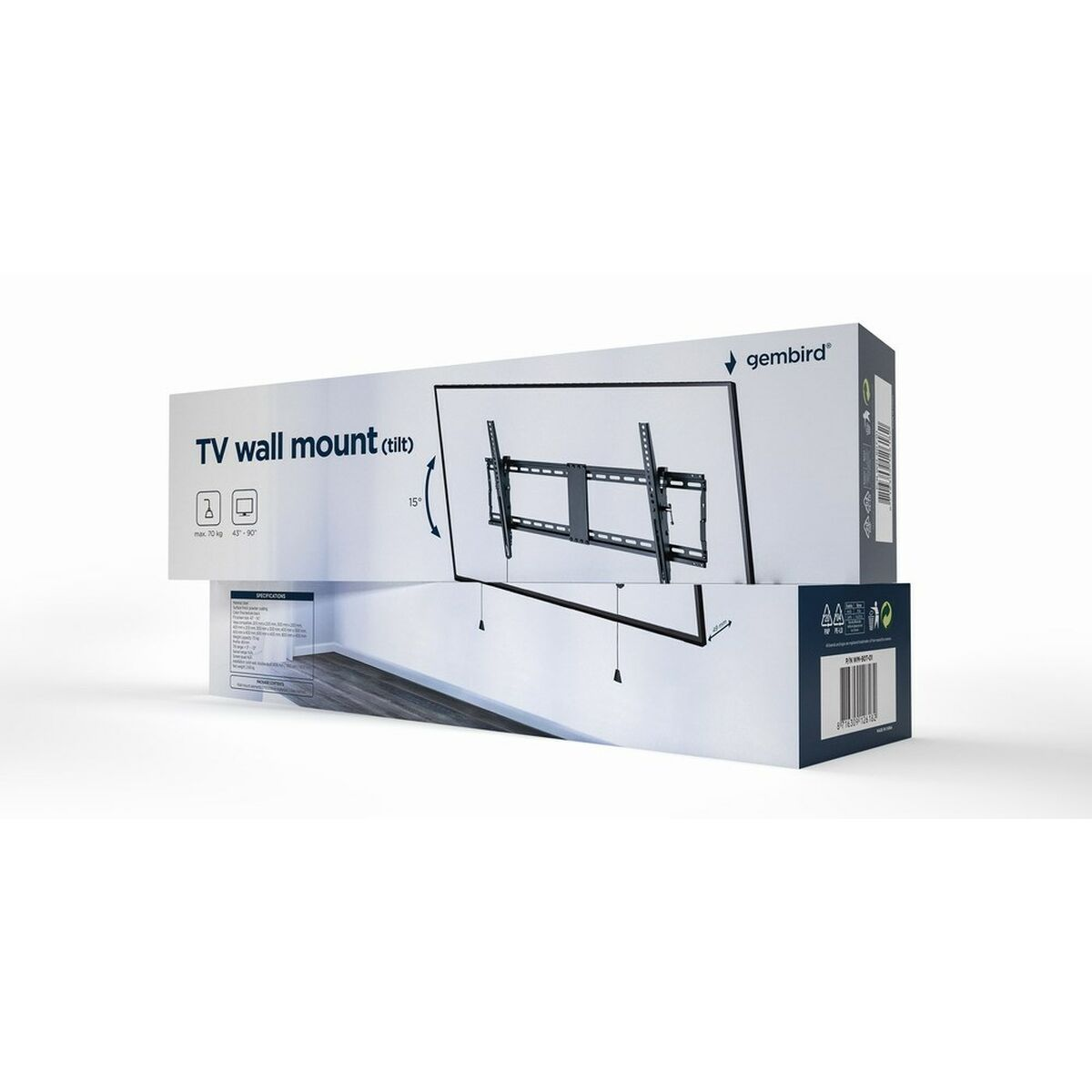 TV wall mount box. Black mount image on the front. White background.