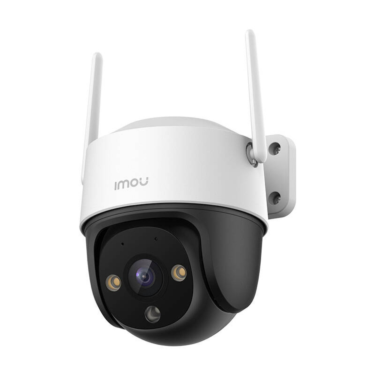 Telecamera di sicurezza. Bianco e nero, con antenne. Montata su un muro.