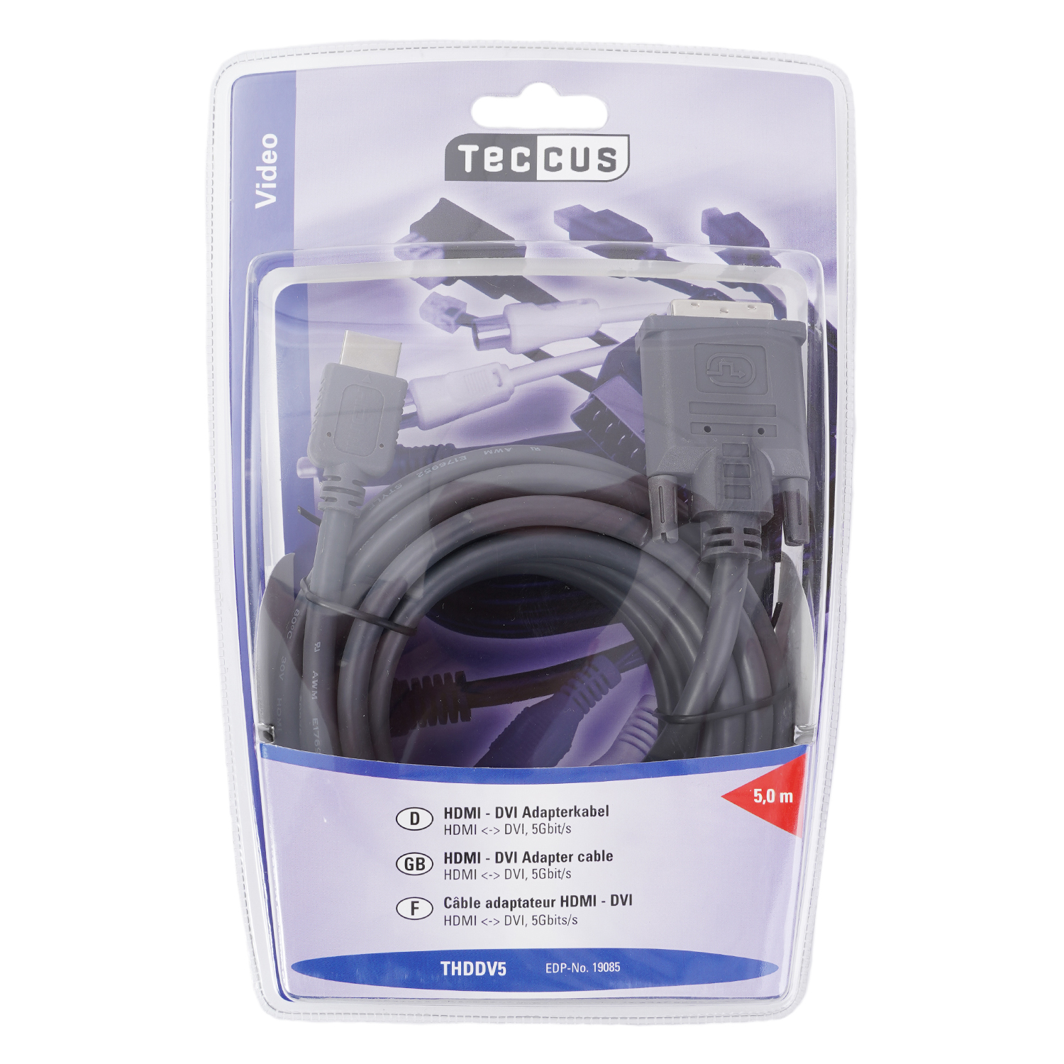 Eine Kunststoffverpackung mit einem HDMI-zu-DVI-Adapterkabel im Inneren.