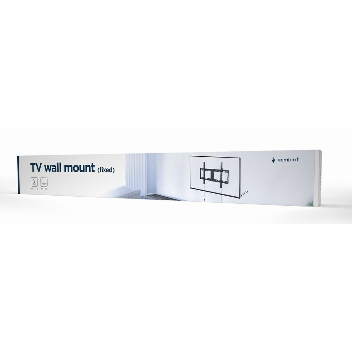 Een lange doos met het opschrift 'TV muurbevestiging (vast)' met een TV-bevestigingsafbeelding.