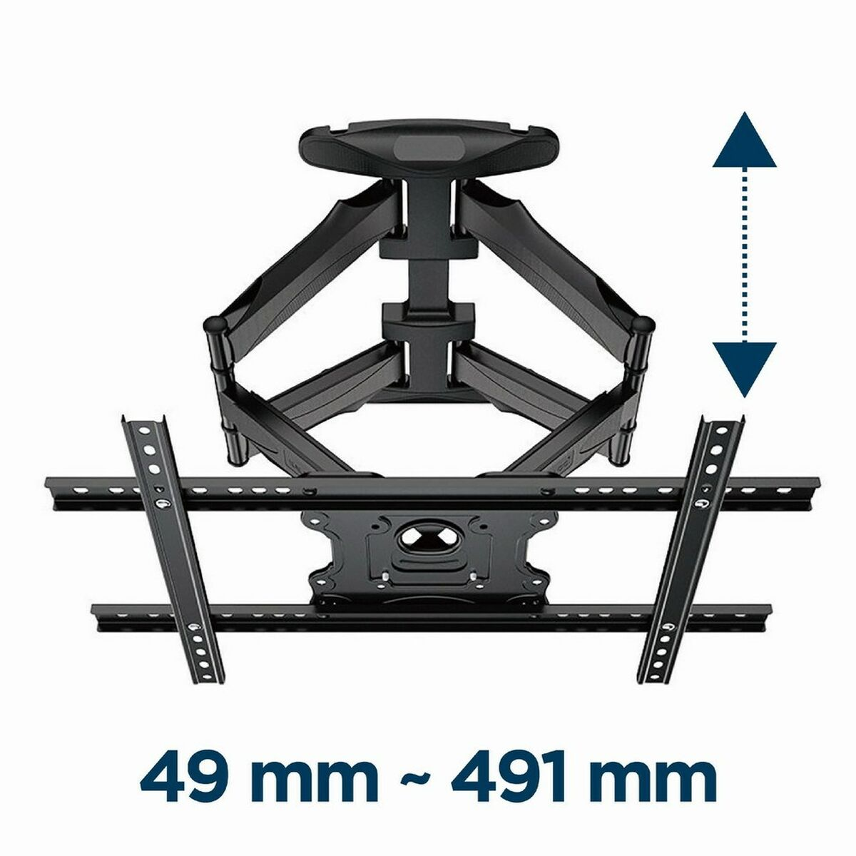 Black TV mount with adjustable height range of 49-491mm. Arrow shows adjustment direction.