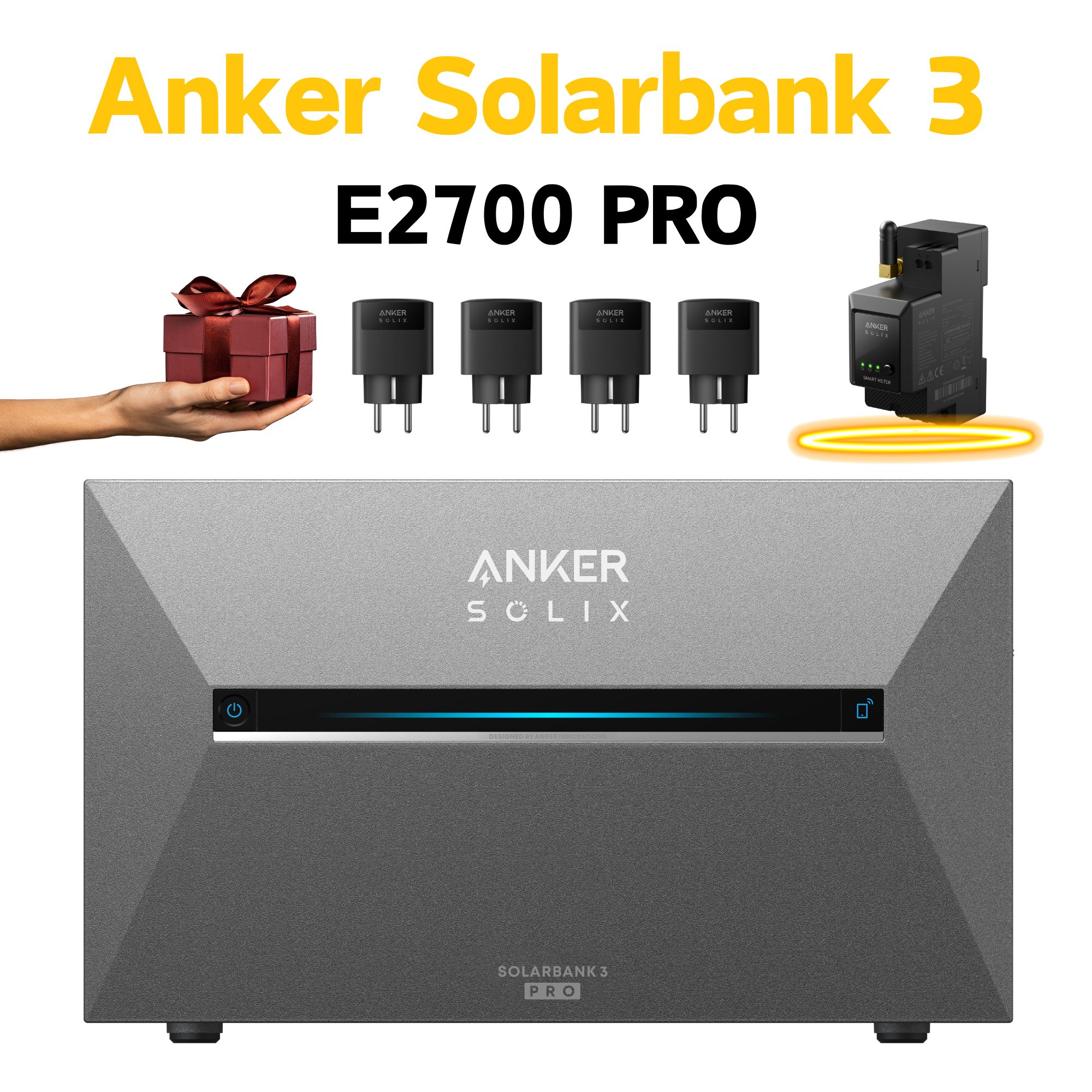 Anker Solarbank 3 E2700 PRO mit verschiedenen Steckern und einer Geschenkbox, die von einer Hand gehalten wird. Das Logo 'Anker Solix' ist sichtbar.