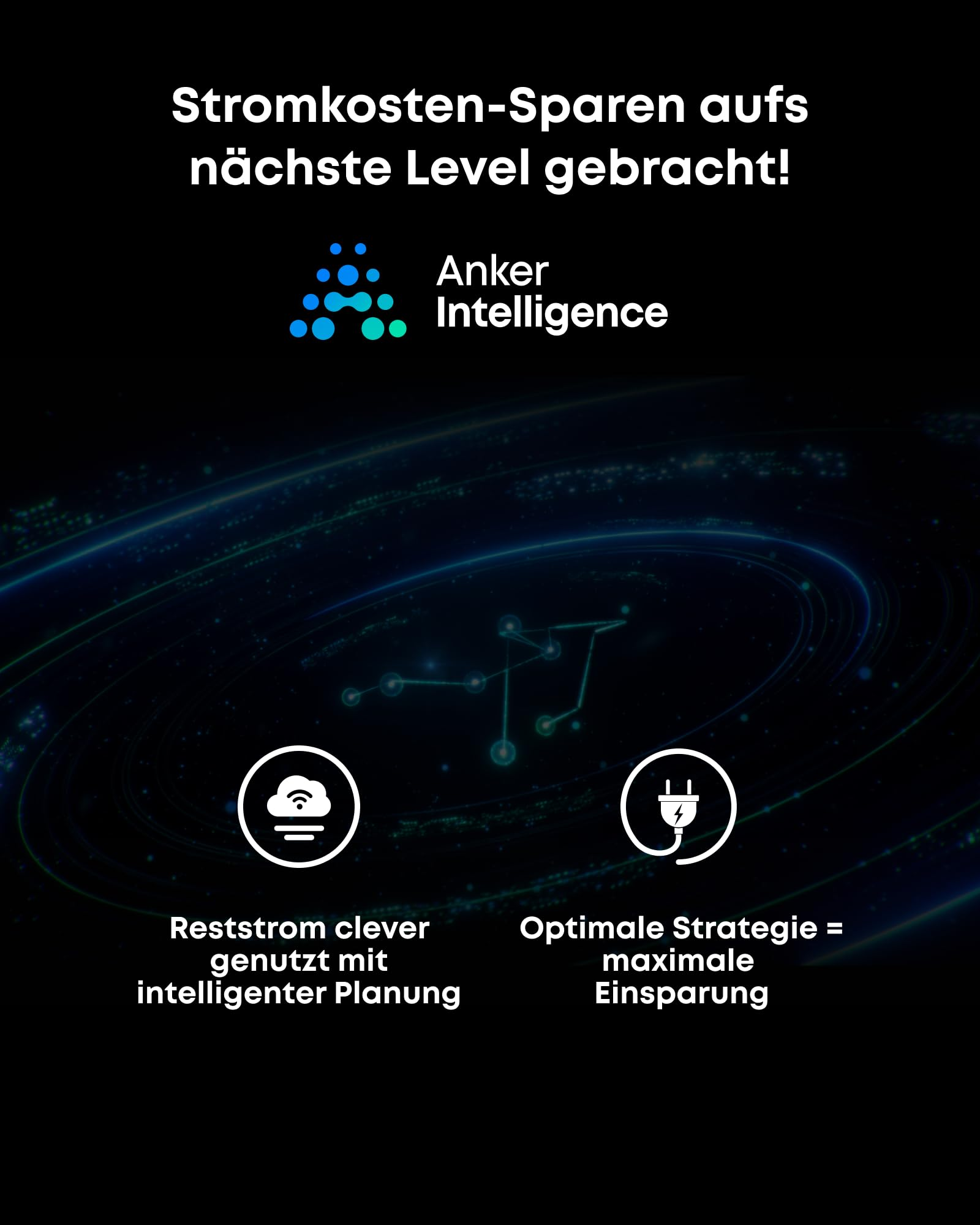 Eine Infografik mit dem Anker Intelligence Logo und Icons, die Energieeinsparung und intelligente Planung darstellen.