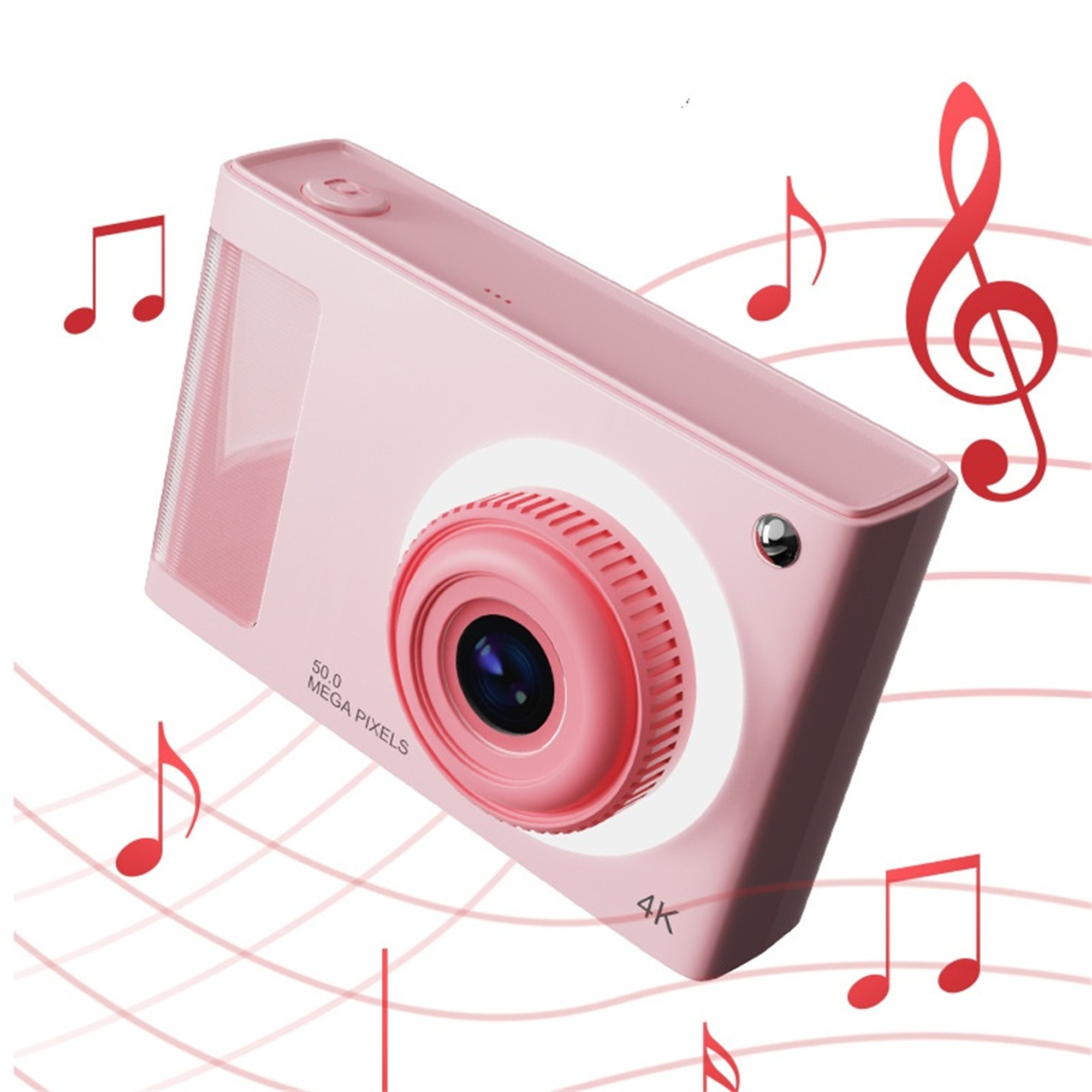 Eine rosa Kamera mit Noten im Hintergrund. Sie hat den Text "50.0 MEGA PIXELS 4K".