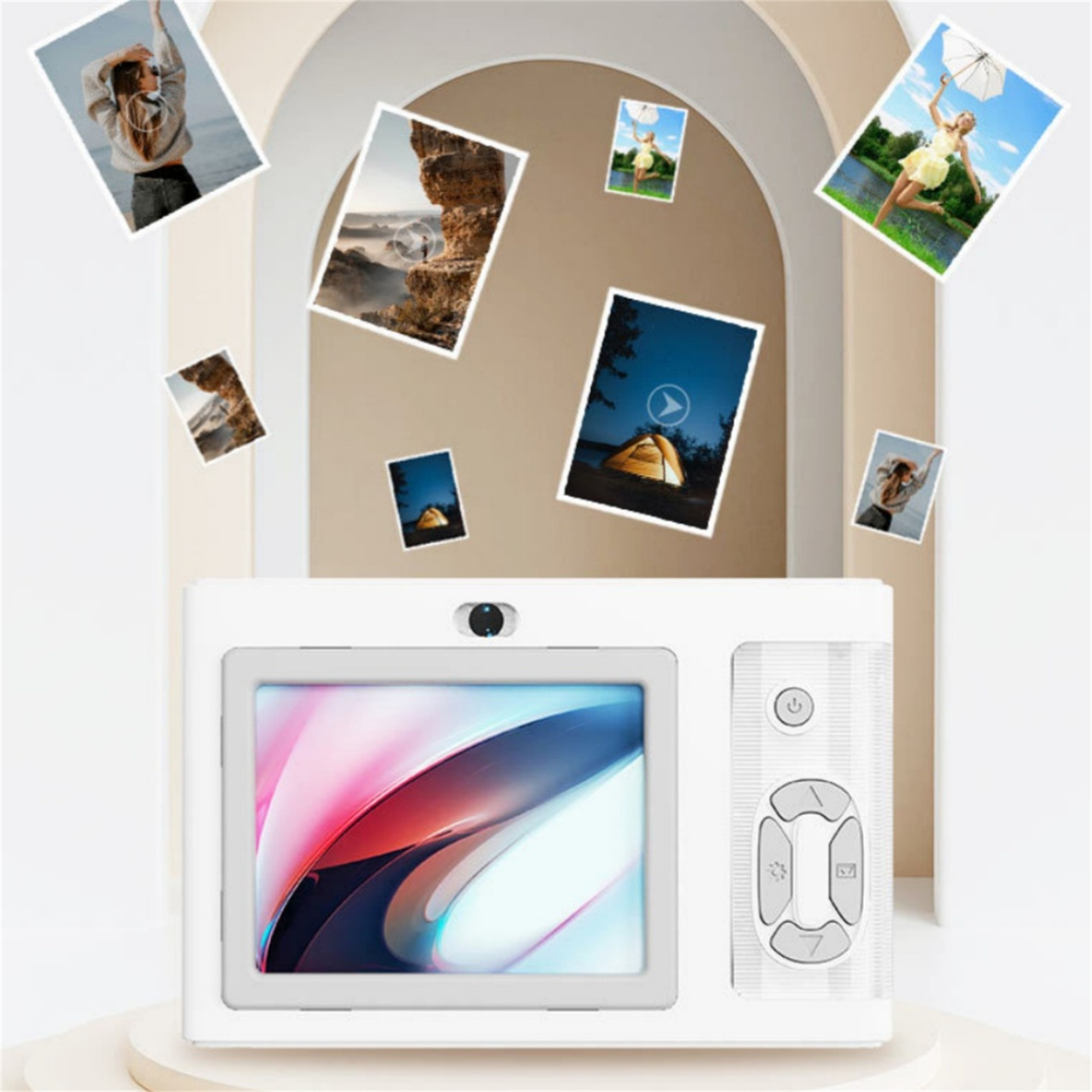 Ein weißer Fotodrucker mit Bildschirm, Fotos und Fernbedienung. Fotos zeigen Menschen und Naturszenen.