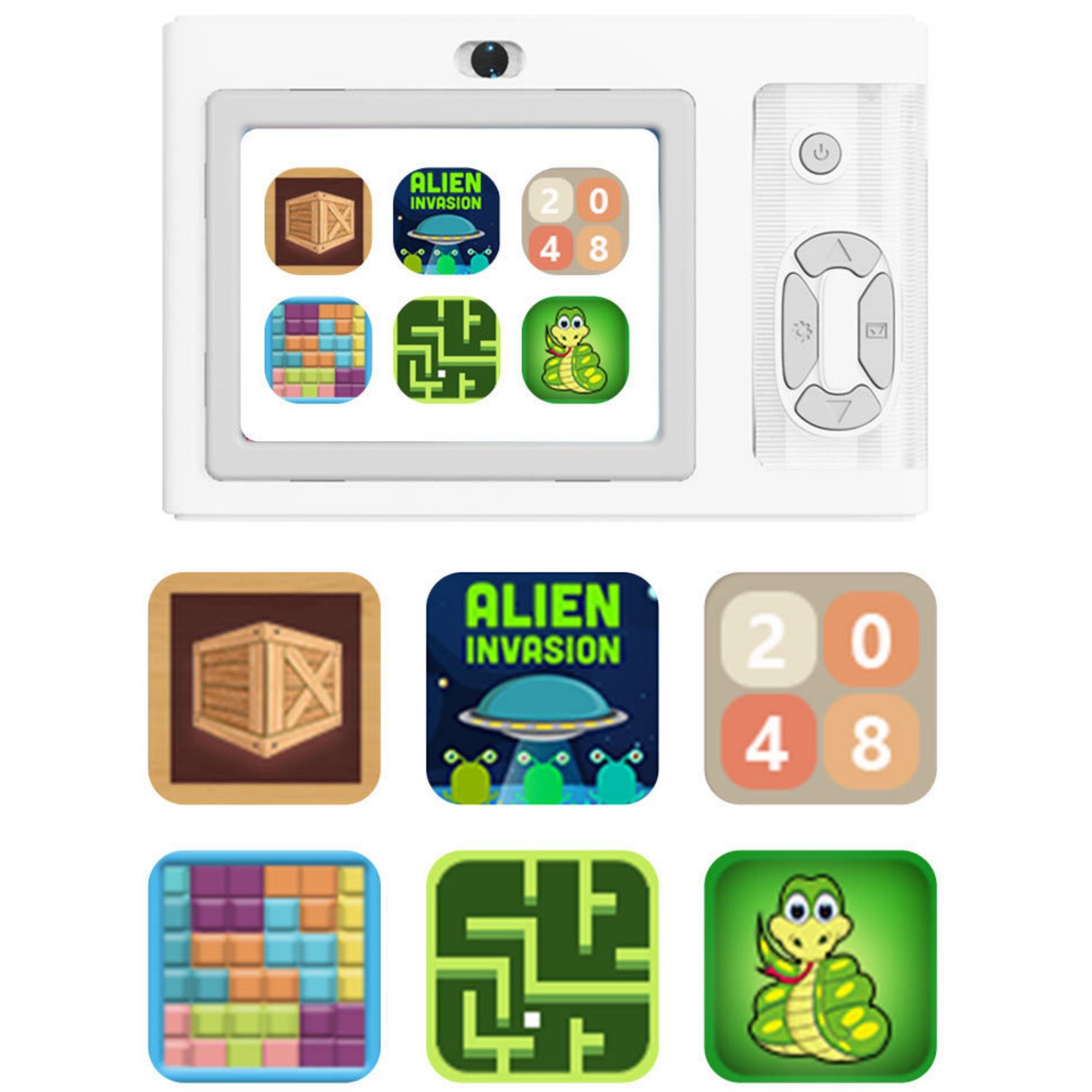 Weißes Gerät mit sechs App-Symbolen und einer Fernbedienung. Apps enthalten Spielsymbole und Zahlen.