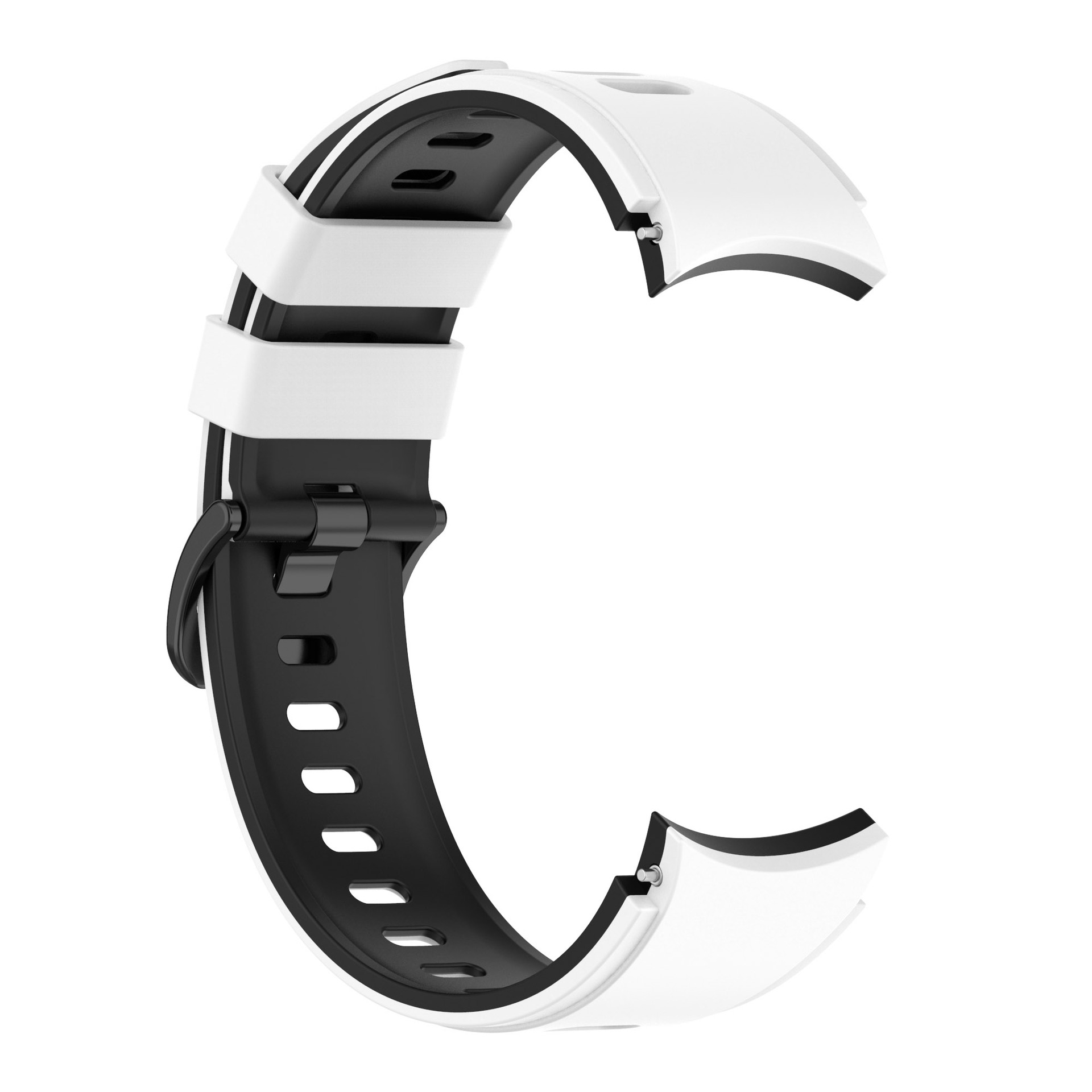 Weißes und schwarzes Uhrenarmband. Gebogen, mit schwarzem Verschluss. Das Armband ist offen.