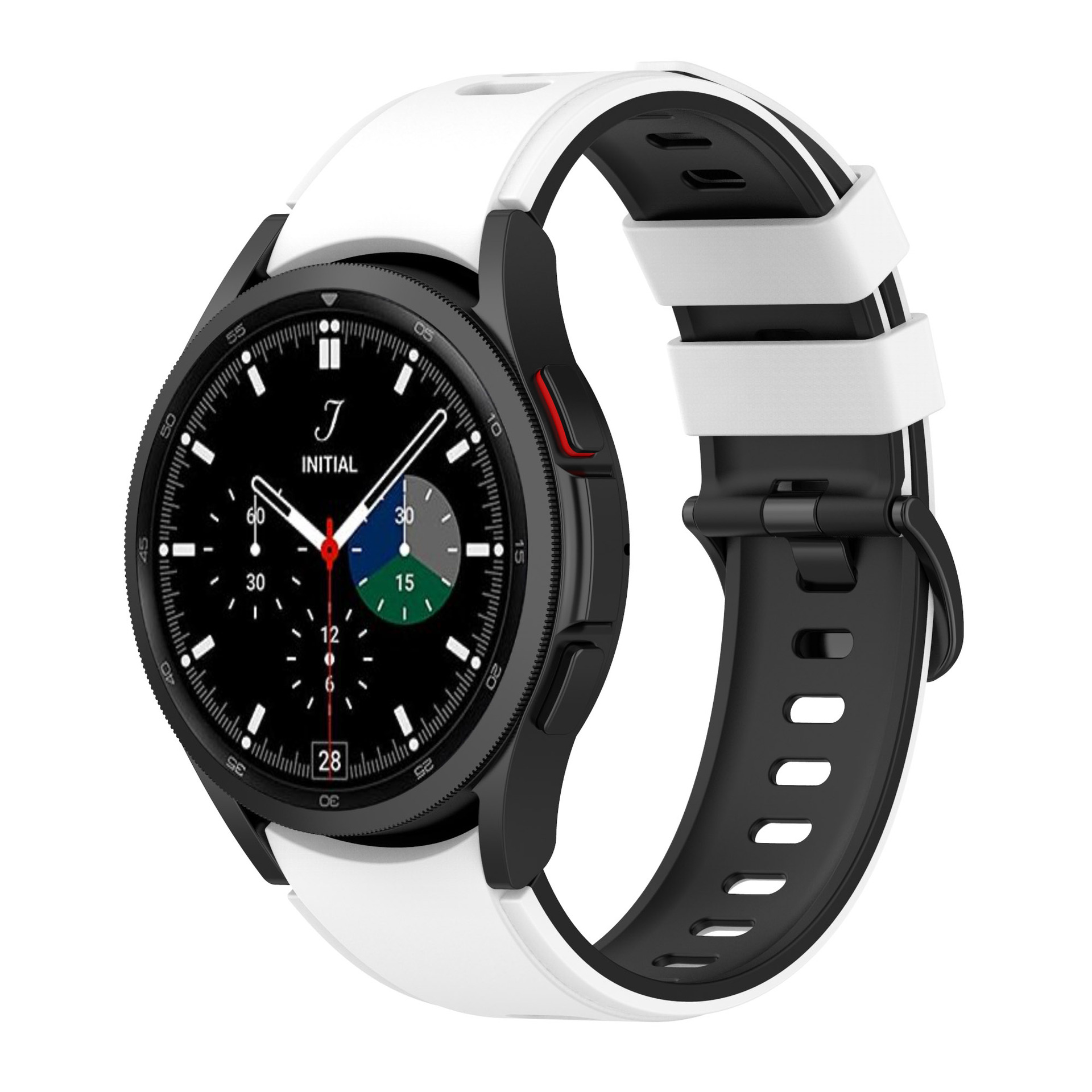 Eine schwarz-weiße Smartwatch mit weißem Armband. Das Zifferblatt zeigt Zeit und verschiedene Metriken an.
