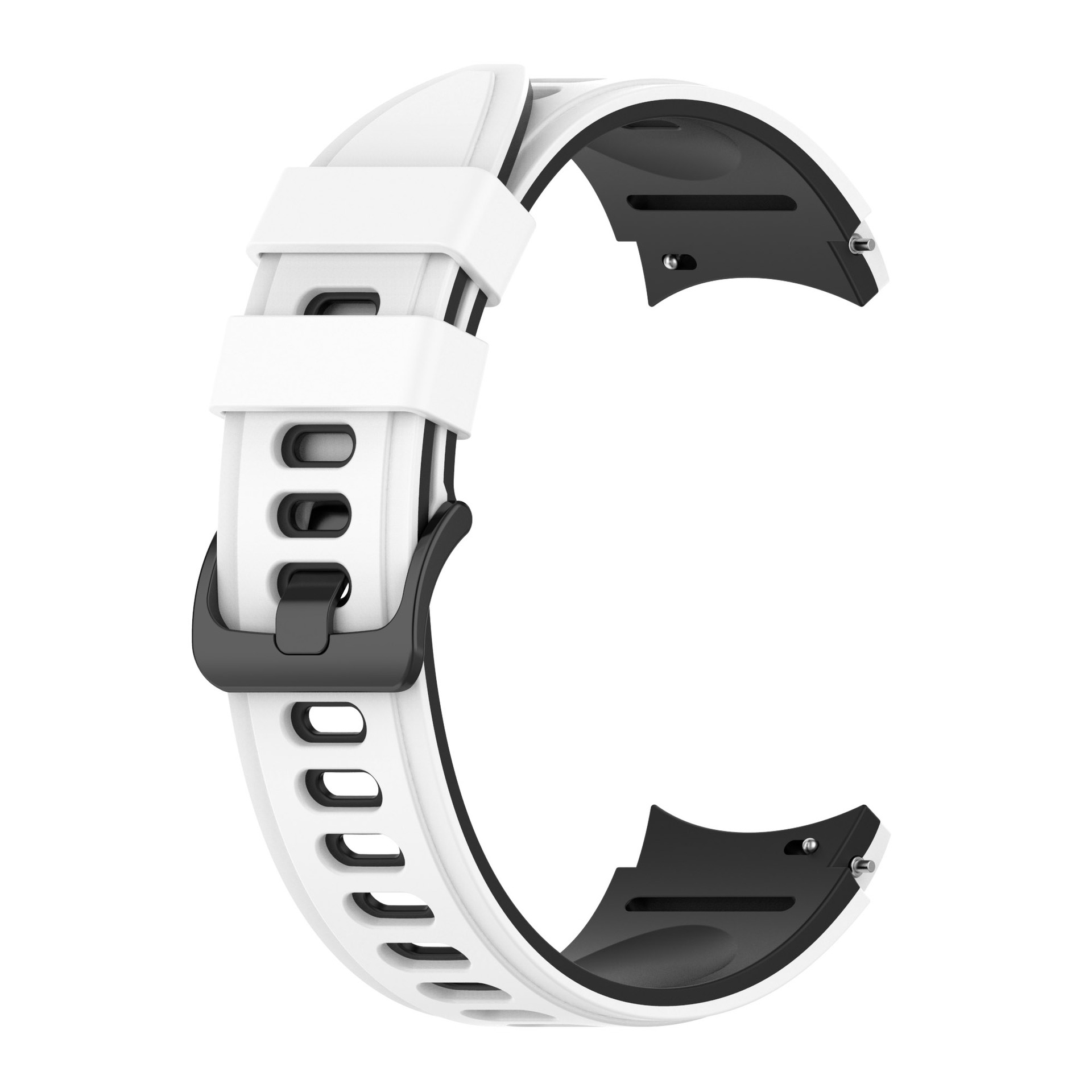 Weißes und schwarzes Uhrenarmband. Gebogen, mit schwarzem Verschluss. Das Armband ist offen.