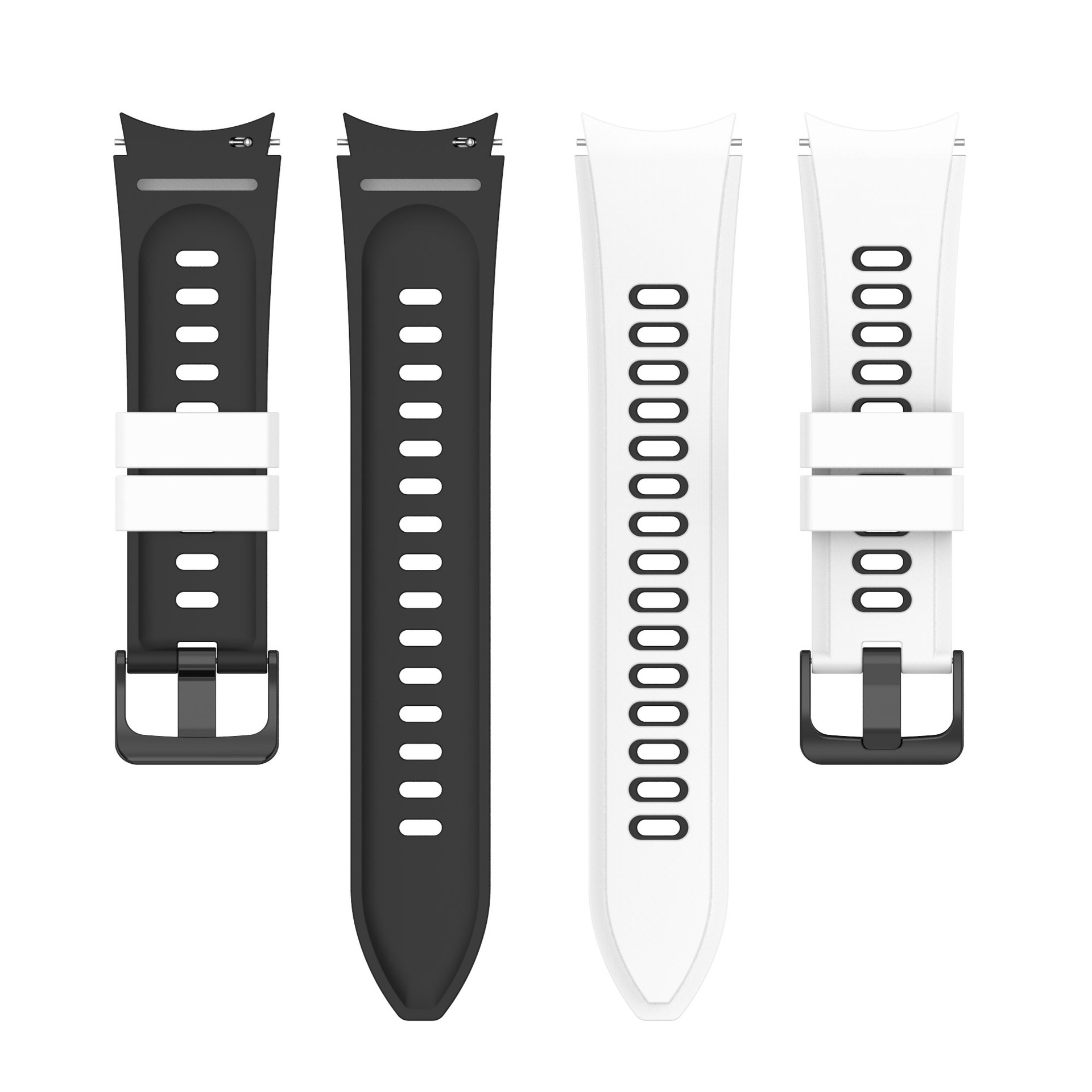 Vier Uhrenarmbänder. Zwei schwarz-weiße Armbänder. Die Armbänder sind offen.