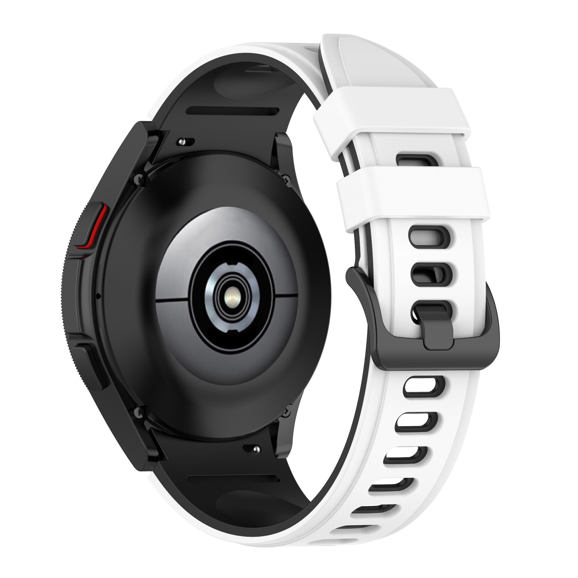 Smartwatch. Schwarz und Weiß, mit weißem Armband. Rückansicht.