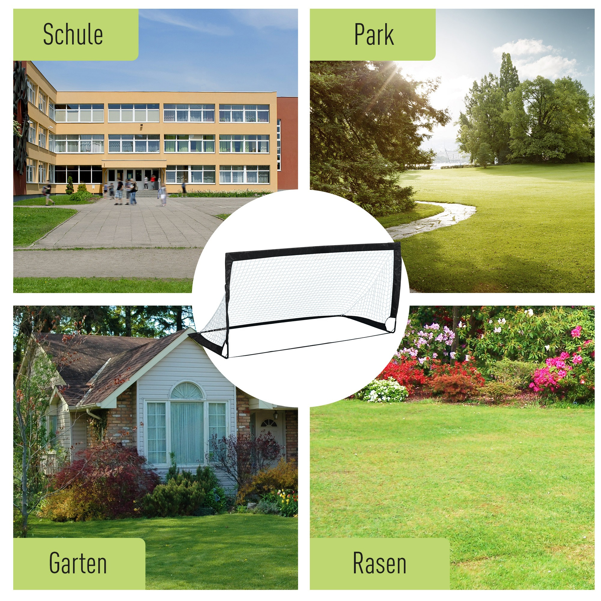 Fußballtorbild mit vier verschiedenen Hintergründen: Schule, Park, Garten, Rasen.