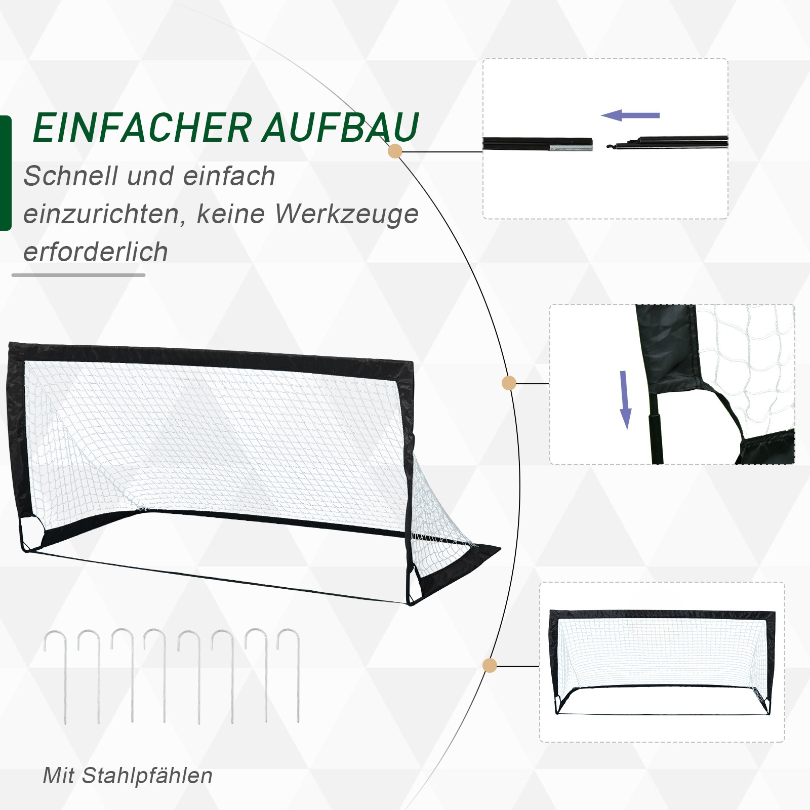 Schwarzes Fußballtor. Das Netz ist an einem schwarzen Rahmen befestigt. Das Bild hat Diagramme.