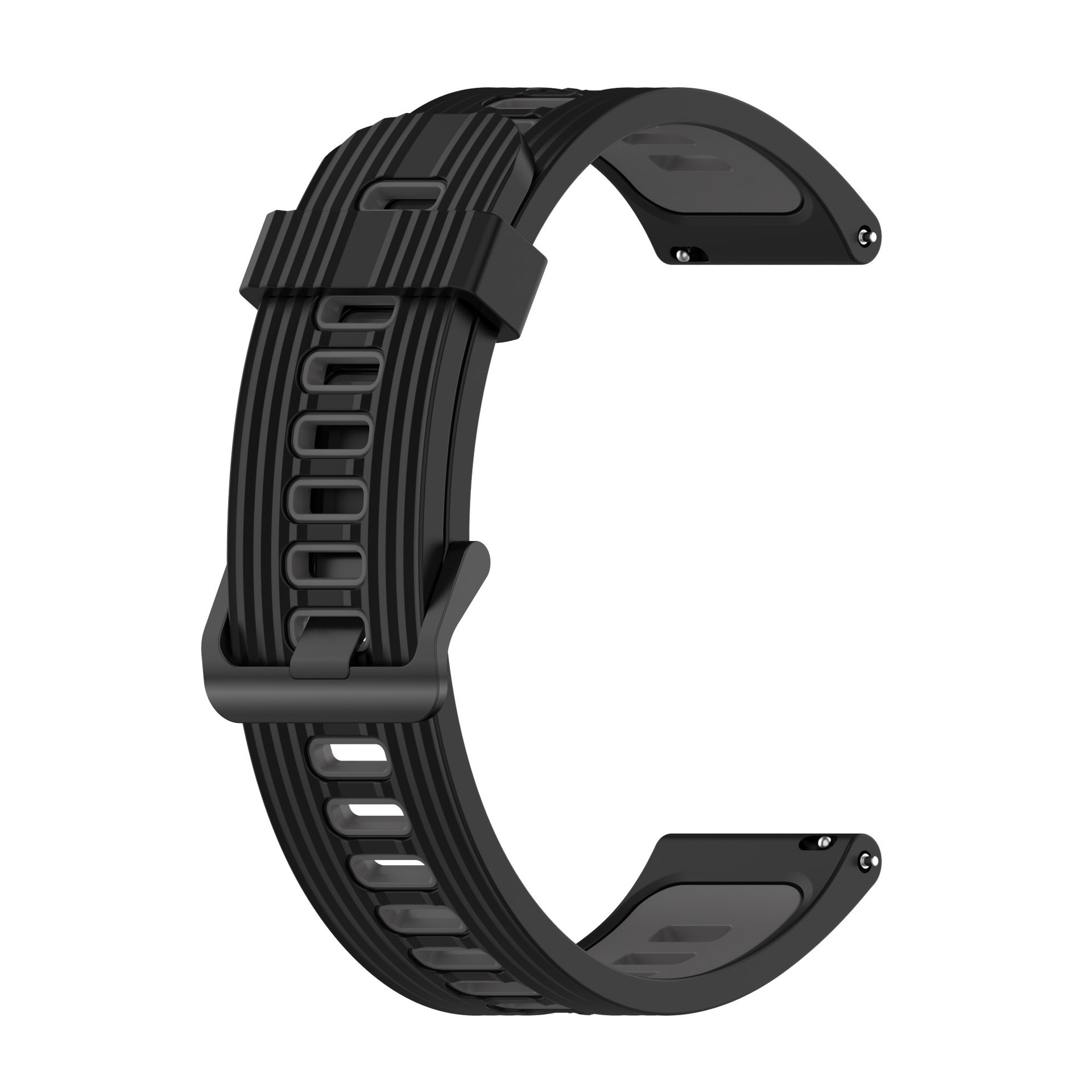Ein schwarzes Uhrenarmband mit strukturierten Details und einer Schnalle. Das Band hat ein gebogenes Design und ist unbefestigt.