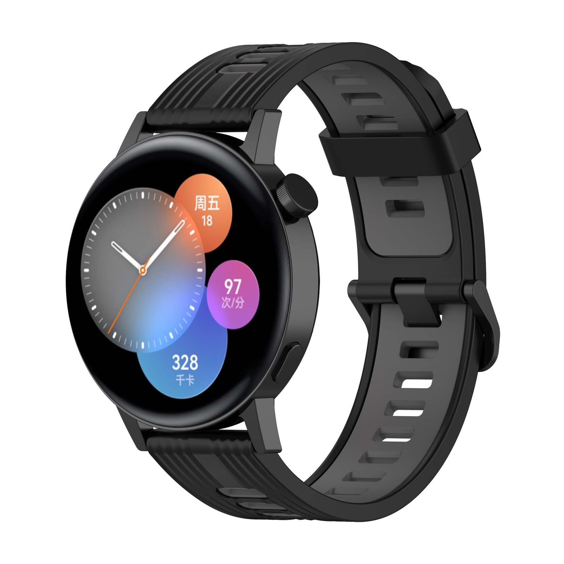 Eine schwarze Smartwatch mit schwarzem Armband, die Zeit, Herzfrequenz und Kalorien auf dem Bildschirm anzeigt.