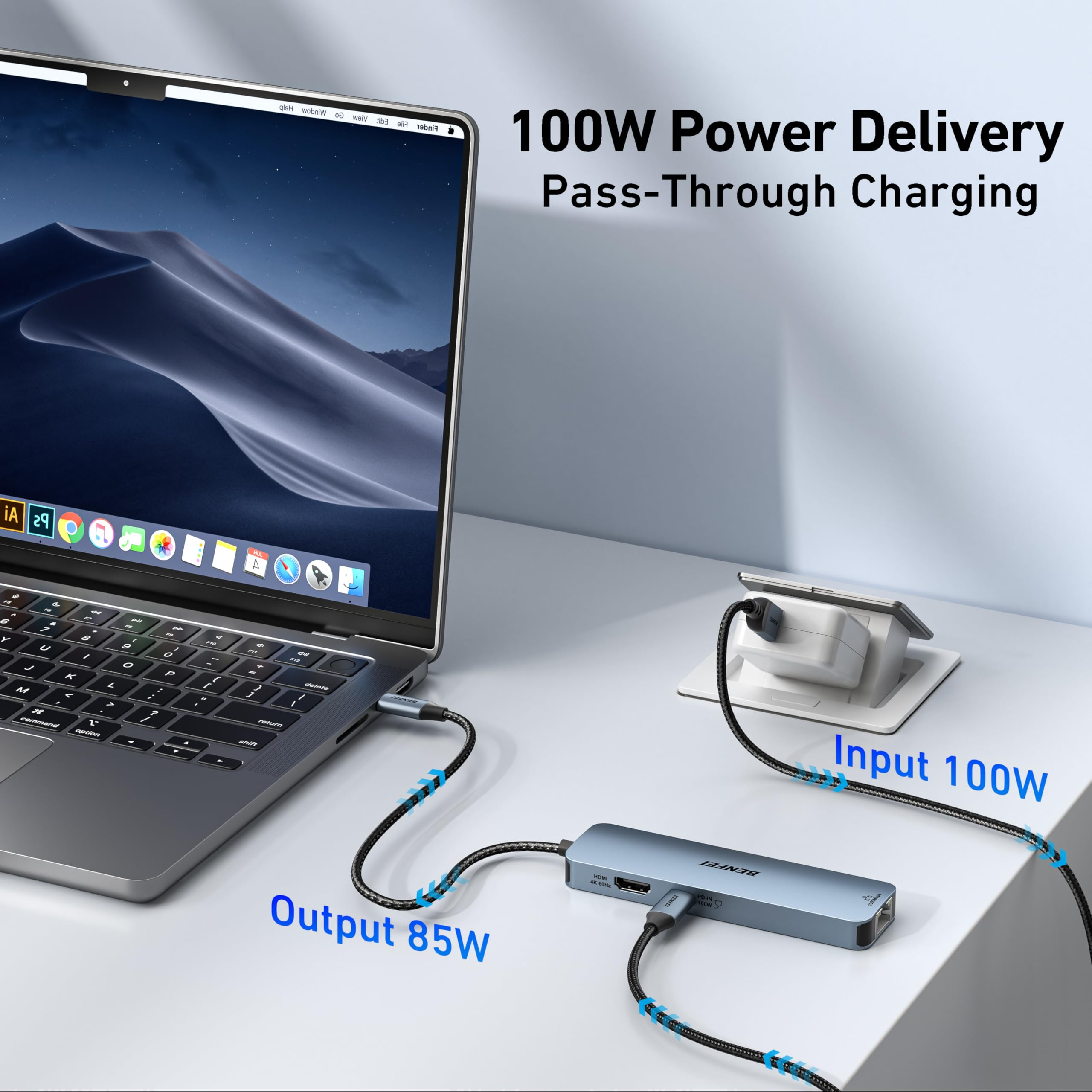Laptop mit USB-Hub verbunden. Informationen zur Stromversorgung: 100W Eingang, 85W Ausgang.
