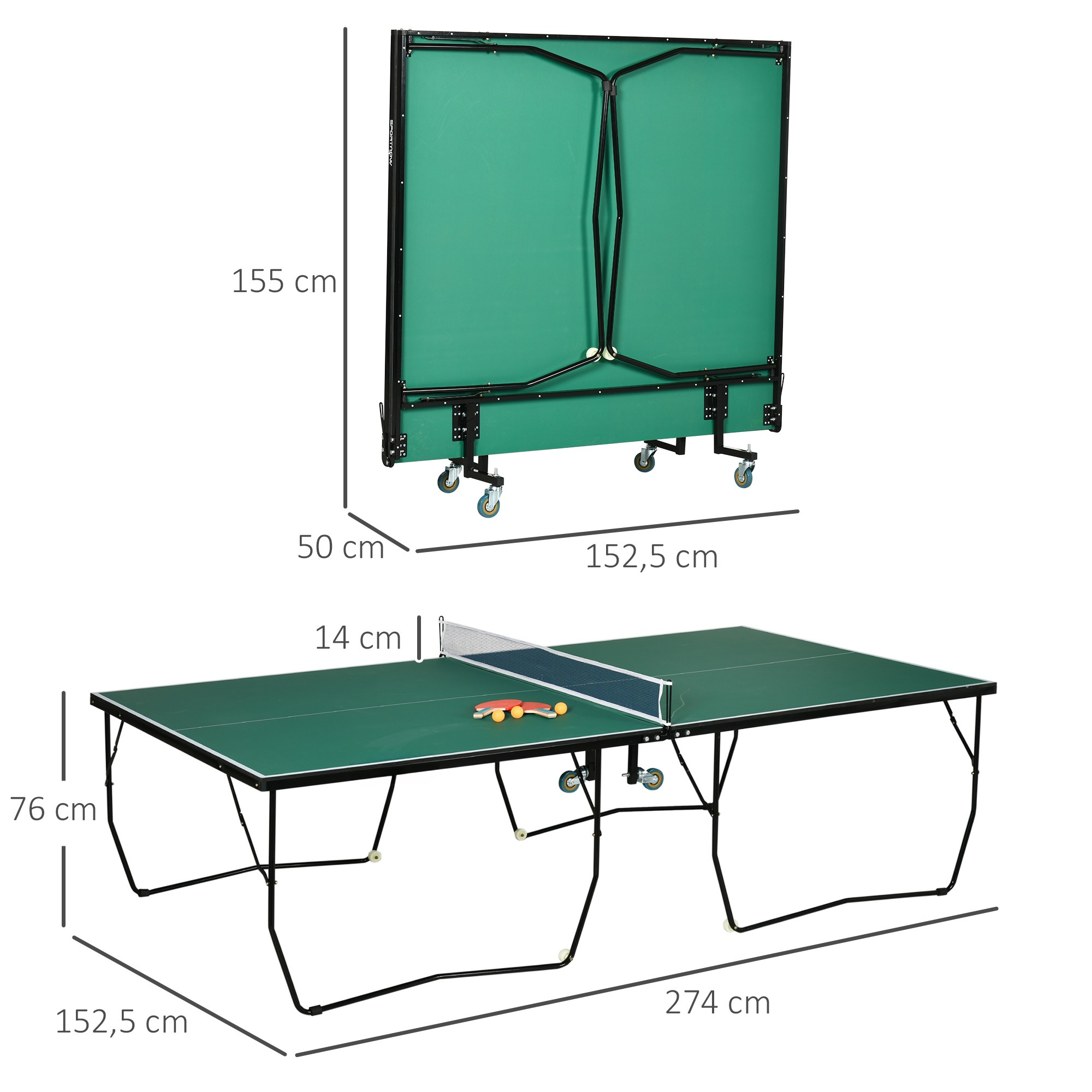 Tischtennisplatte, zusammengeklappt und ausgeklappt, mit Maßangaben. Tisch hat Netz und Bälle.