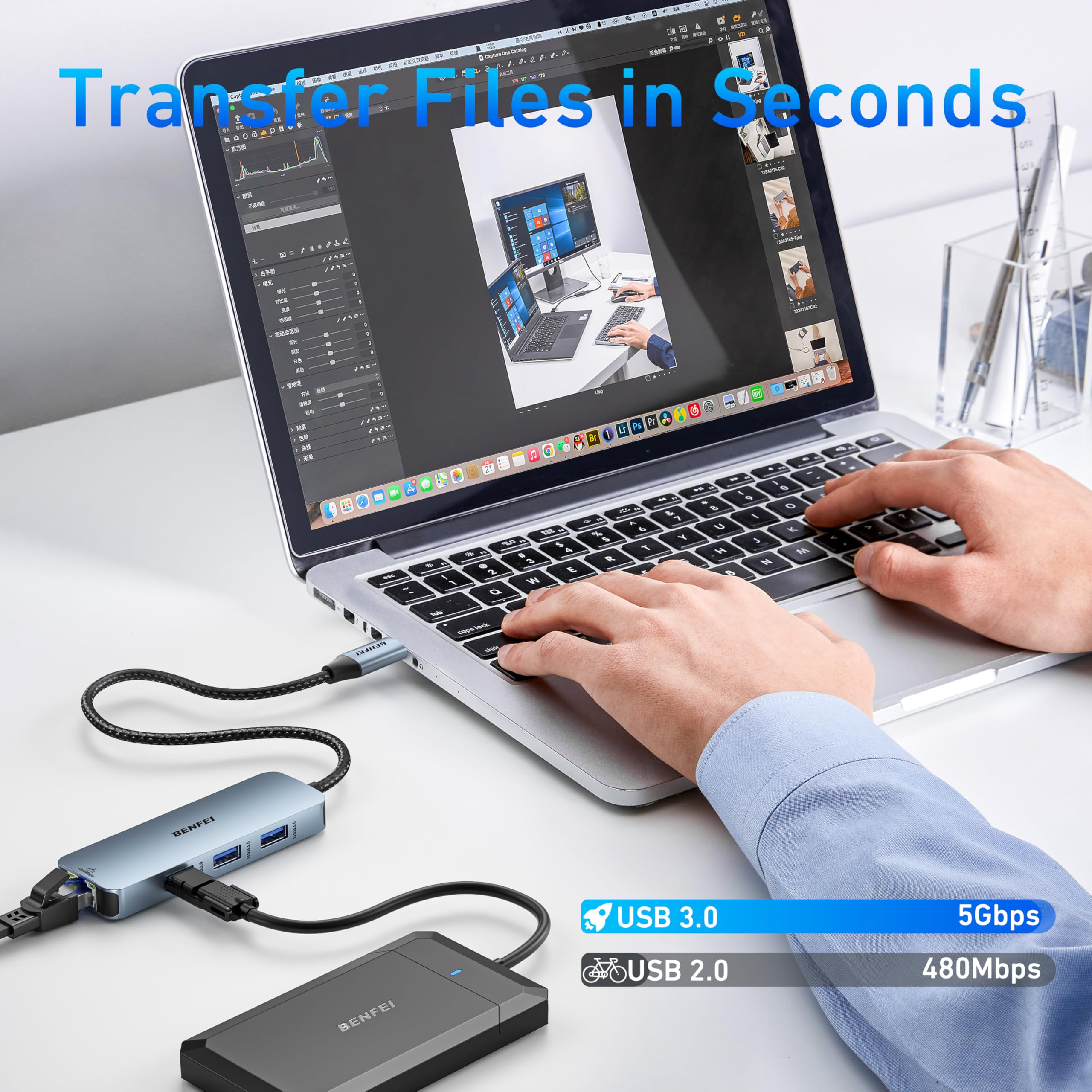 Laptop, der mit einem BENFEI-Hub verbunden ist und einen Computerbildschirm mit Datenübertragungsinformationen anzeigt.