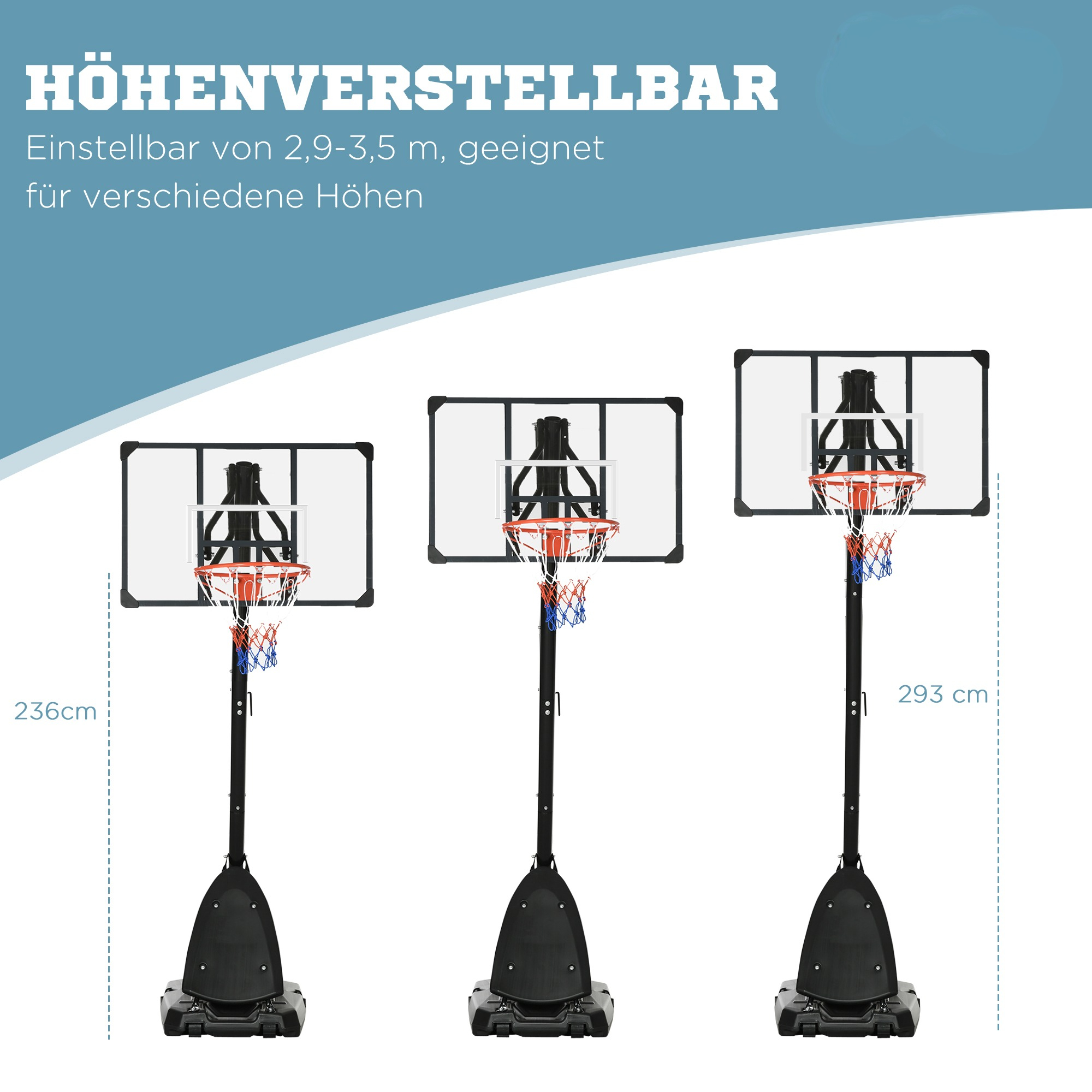 Drei höhenverstellbare Basketballkörbe. Die Höhen sind 236 cm, 293 cm und ein weiterer Höhenwert.