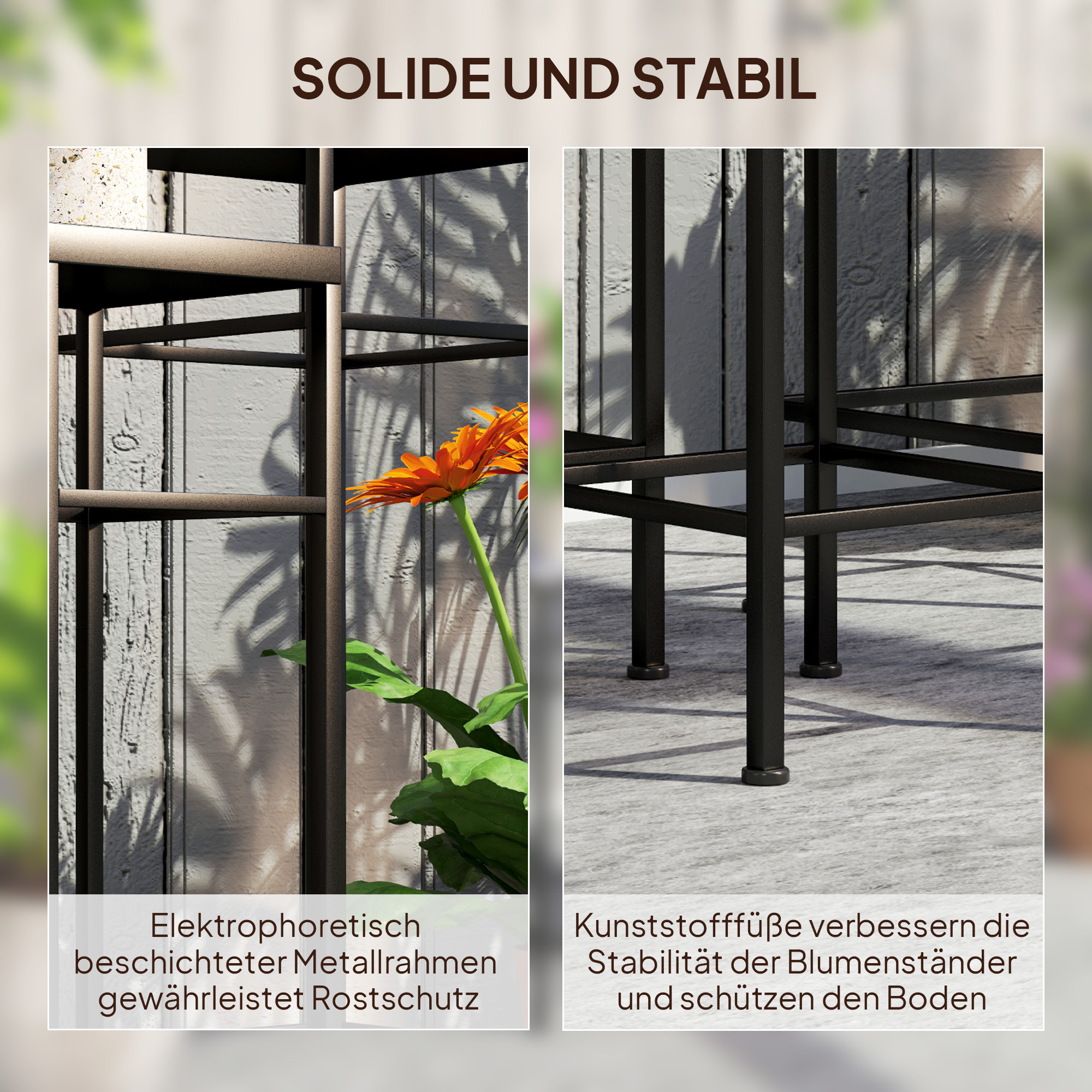 Zwei Bilder zeigen Metall-Pflanzenständer mit einer orangefarbenen Blume. Eines zeigt das Gestell, das andere die Basis.