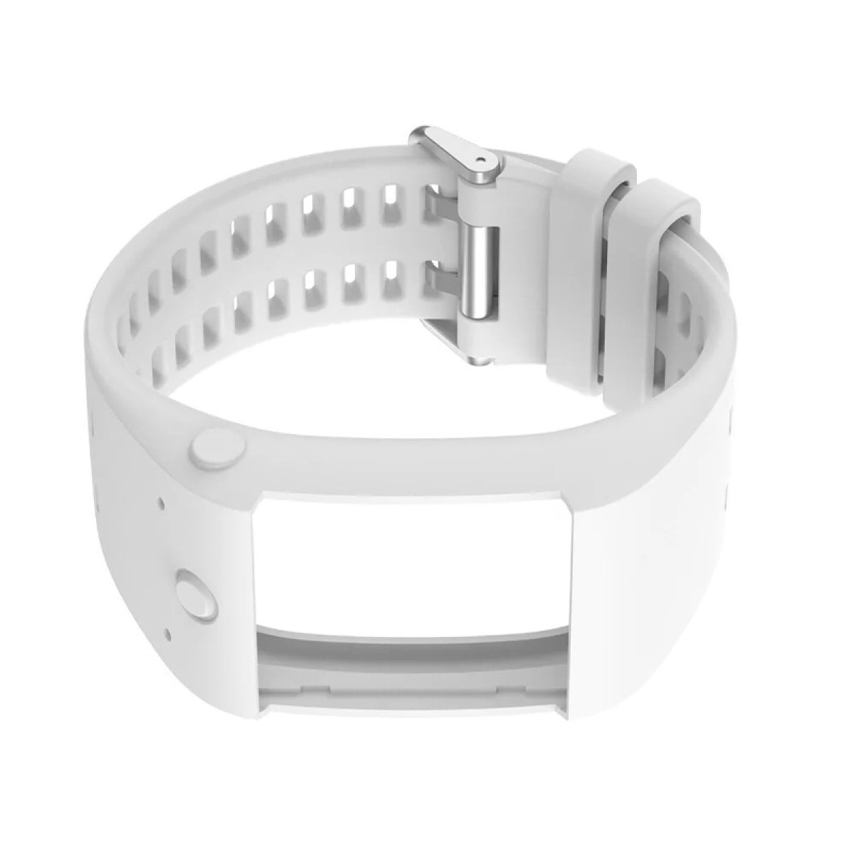 Weißes Uhrenarmband mit silbernem Verschluss, kreisförmiges Design mit zwei Knöpfen und einem ausgeschnittenen Bereich.