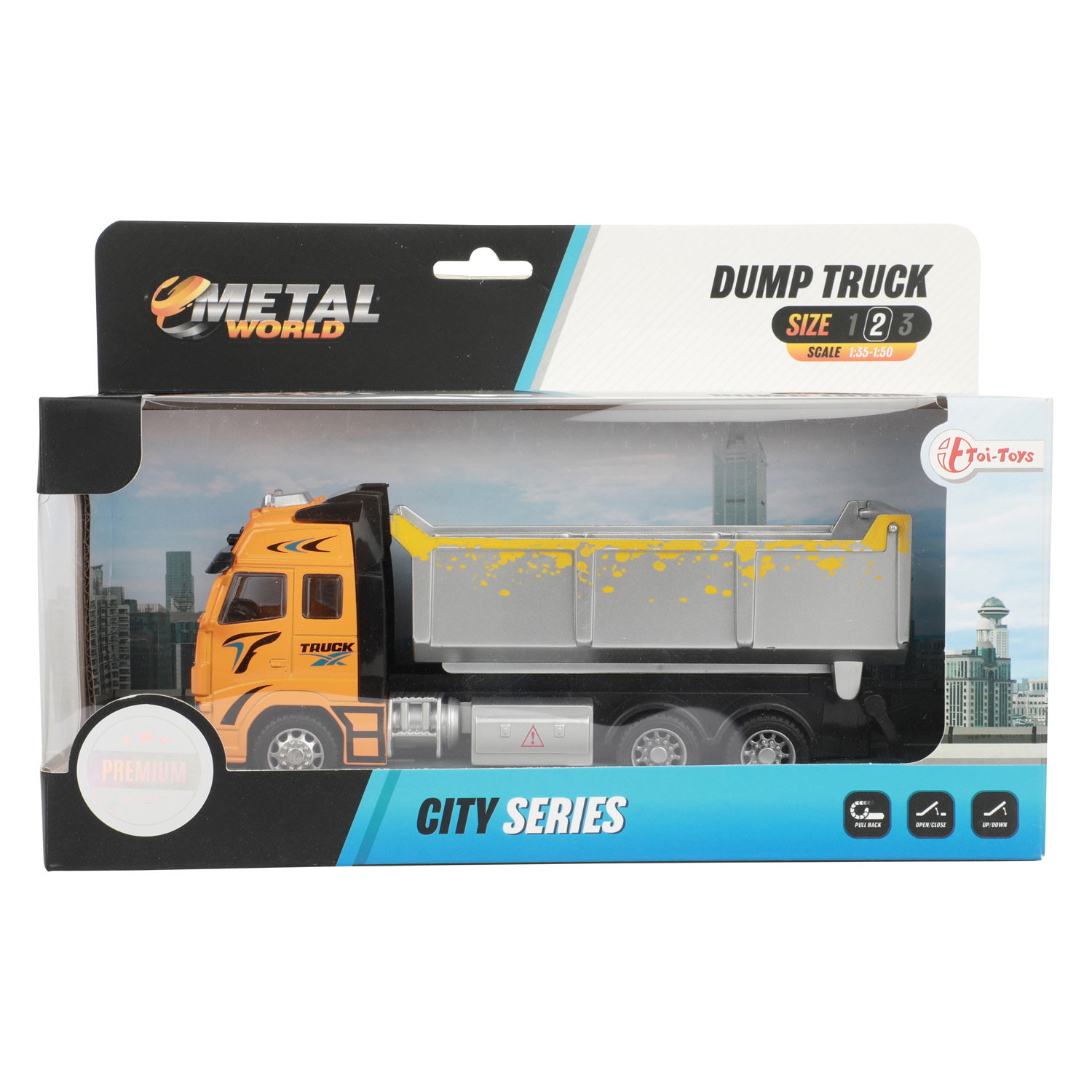 Ein Spielzeug-Muldenkipper in einer Box. Der LKW ist orange, grau und schwarz.