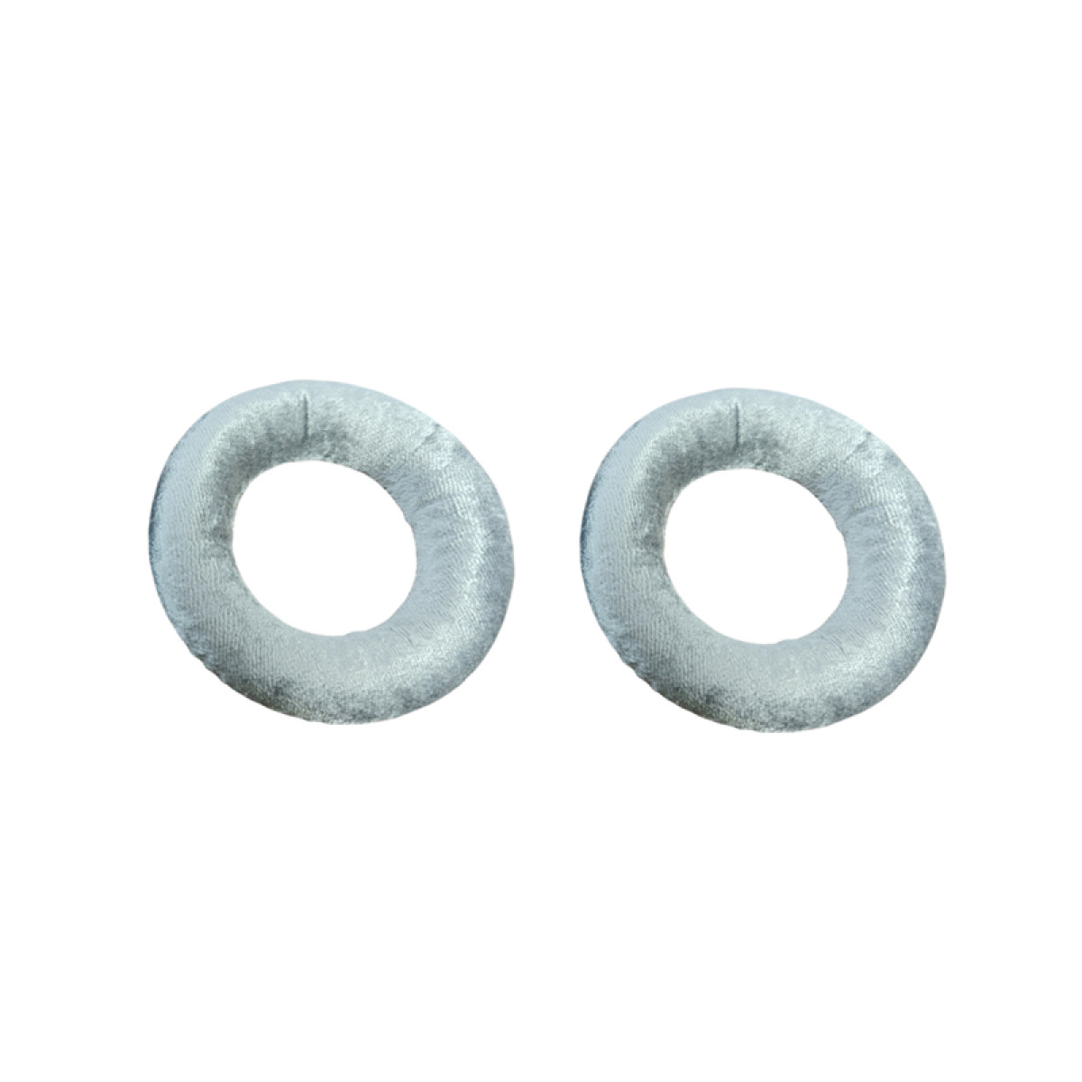 Due cuscinetti auricolari grigio chiaro, circolari e imbottiti, perfetti per le cuffie.