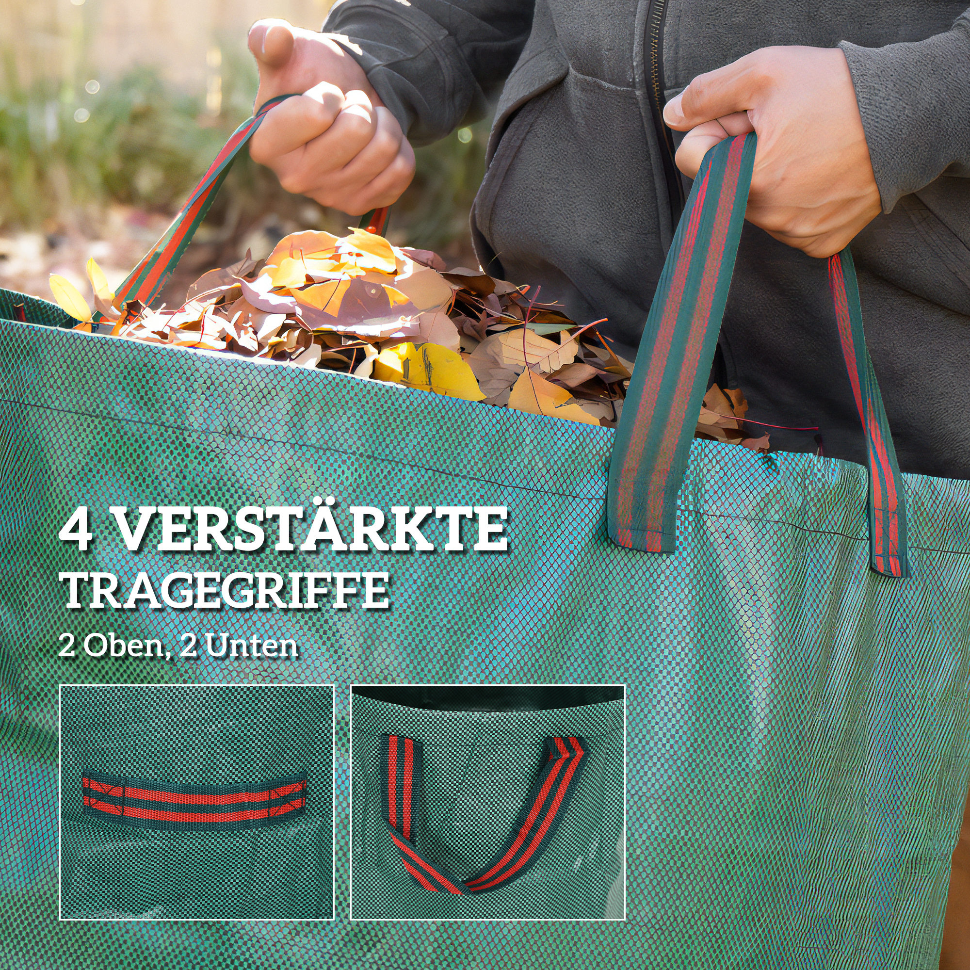 Eine Person hält einen grünen Gartenbeutel voller Blätter. Die Tasche hat rot-schwarze Griffe.
