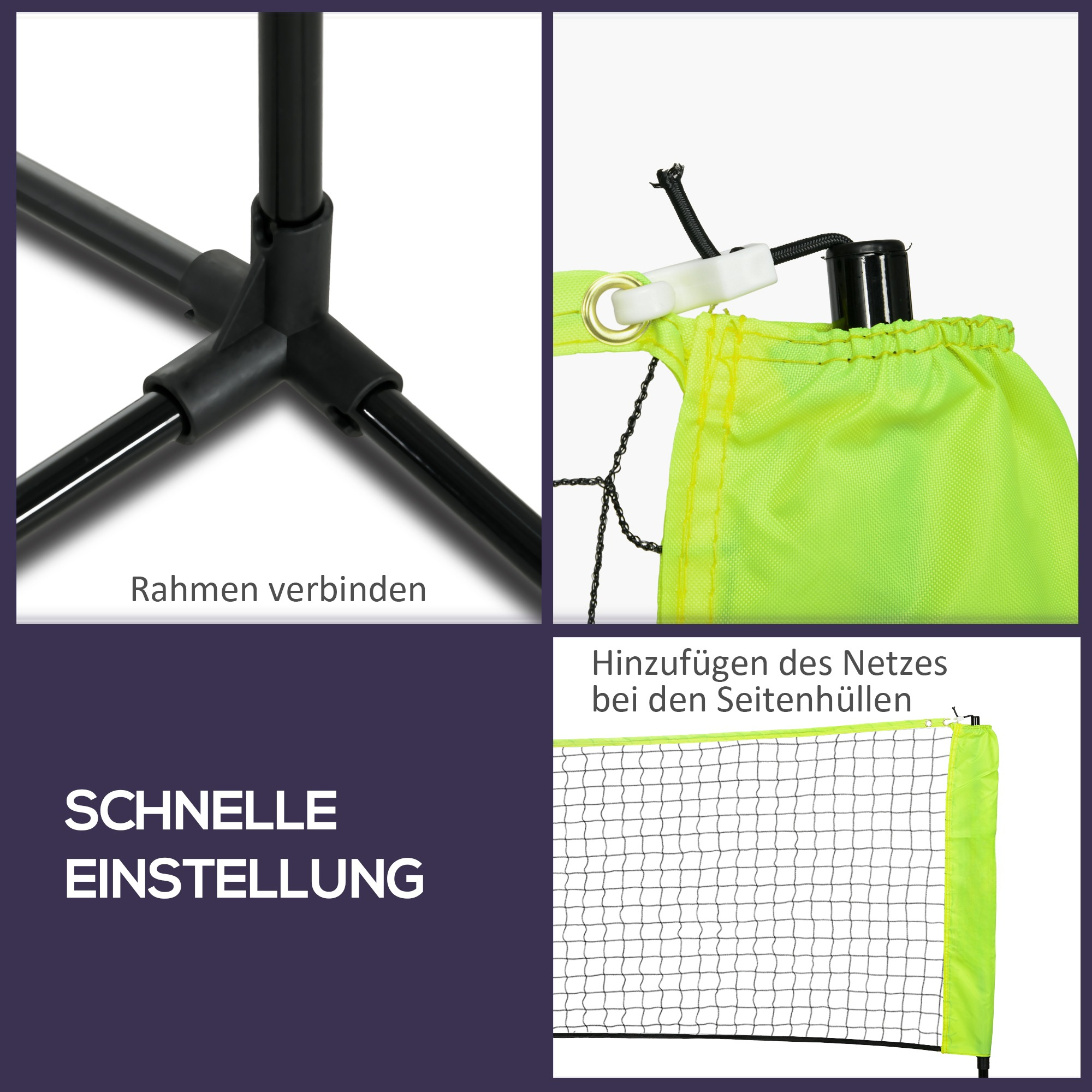 Schwarze Metallrahmenabschnitte werden verbunden. Ein grünes Netz ist befestigt. Der Text lautet 'SCHNELLE EINSTELLUNG'.
