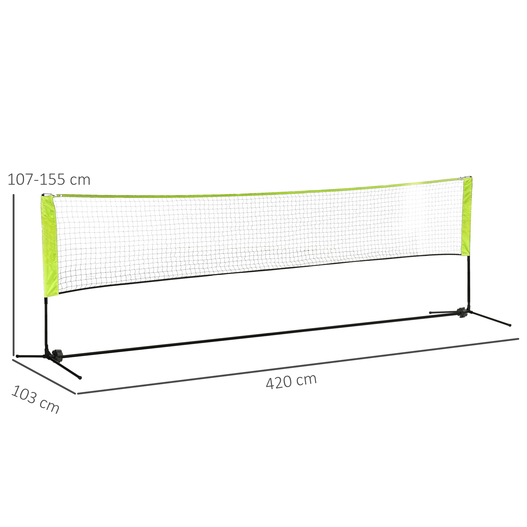 Ein gelb-grünes Badmintonnetz mit Maßen. Das Netz ist 420 cm breit.