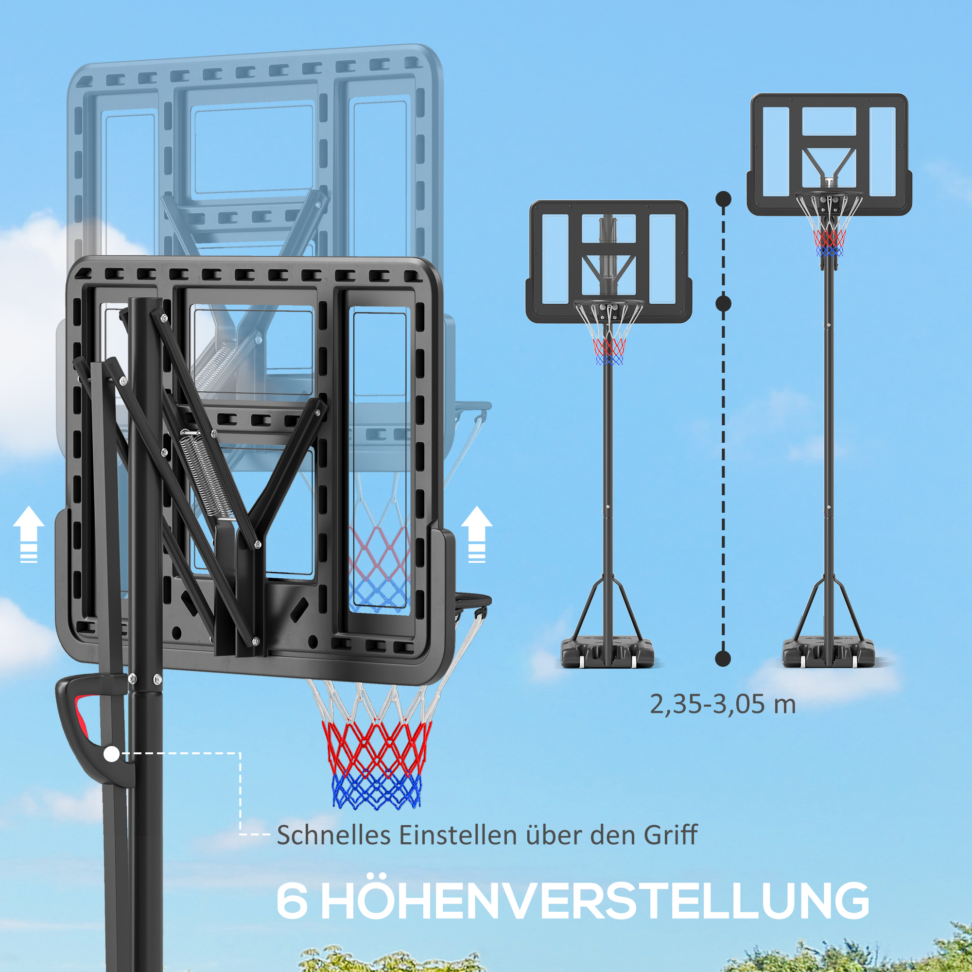 Basketballkorb mit verstellbarer Höhe. Zeigt den Verstellmechanismus und die Abmessungen.