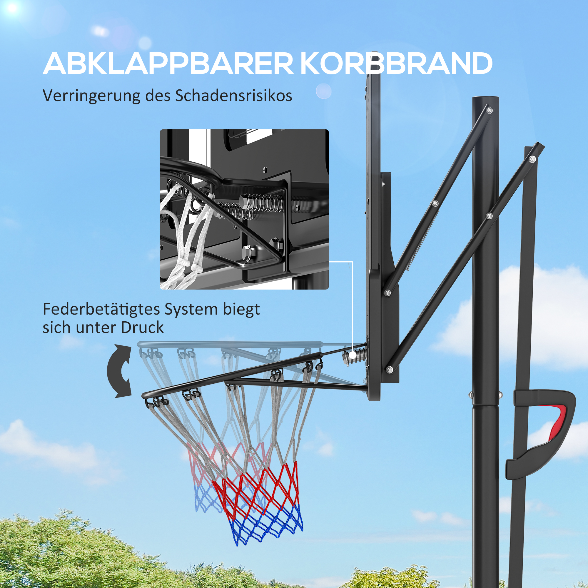 Ein Basketballkorb mit faltbarem Design und blauem Himmel im Hintergrund. Zeigt den Absenkmechanismus.