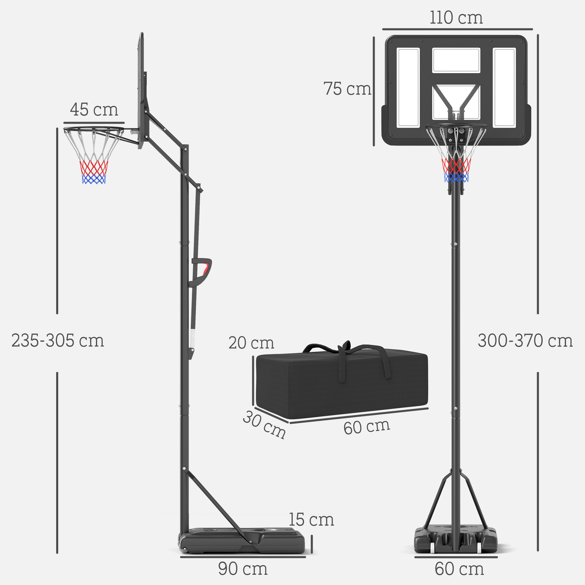 Aro de baloncesto con altura ajustable, marco negro y bolsa de transporte negra. Se enumeran las dimensiones.