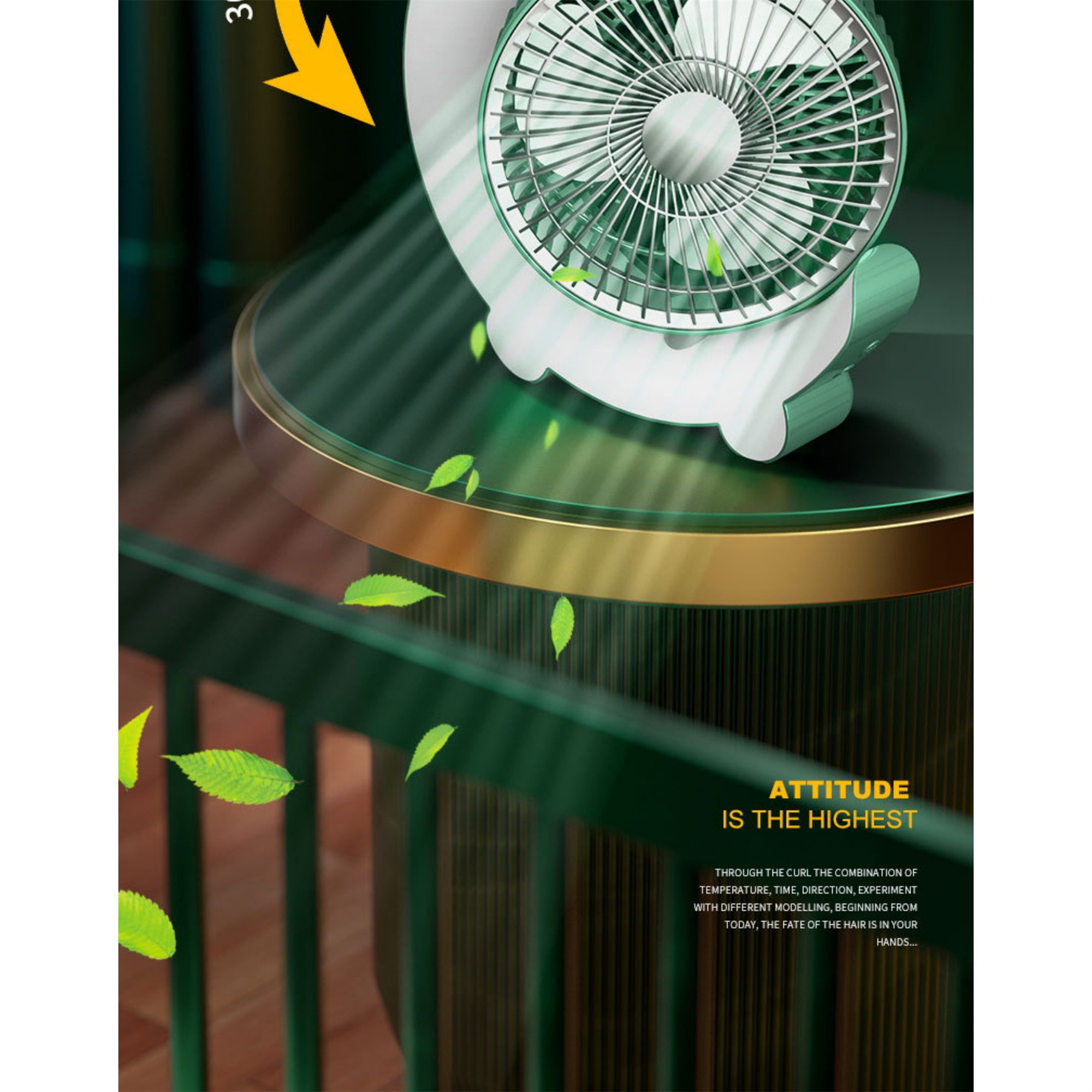 Ein grün-weißer Desktop-Ventilator auf einem Glastisch mit verstreuten grünen Blättern. Der Ventilator ist an.