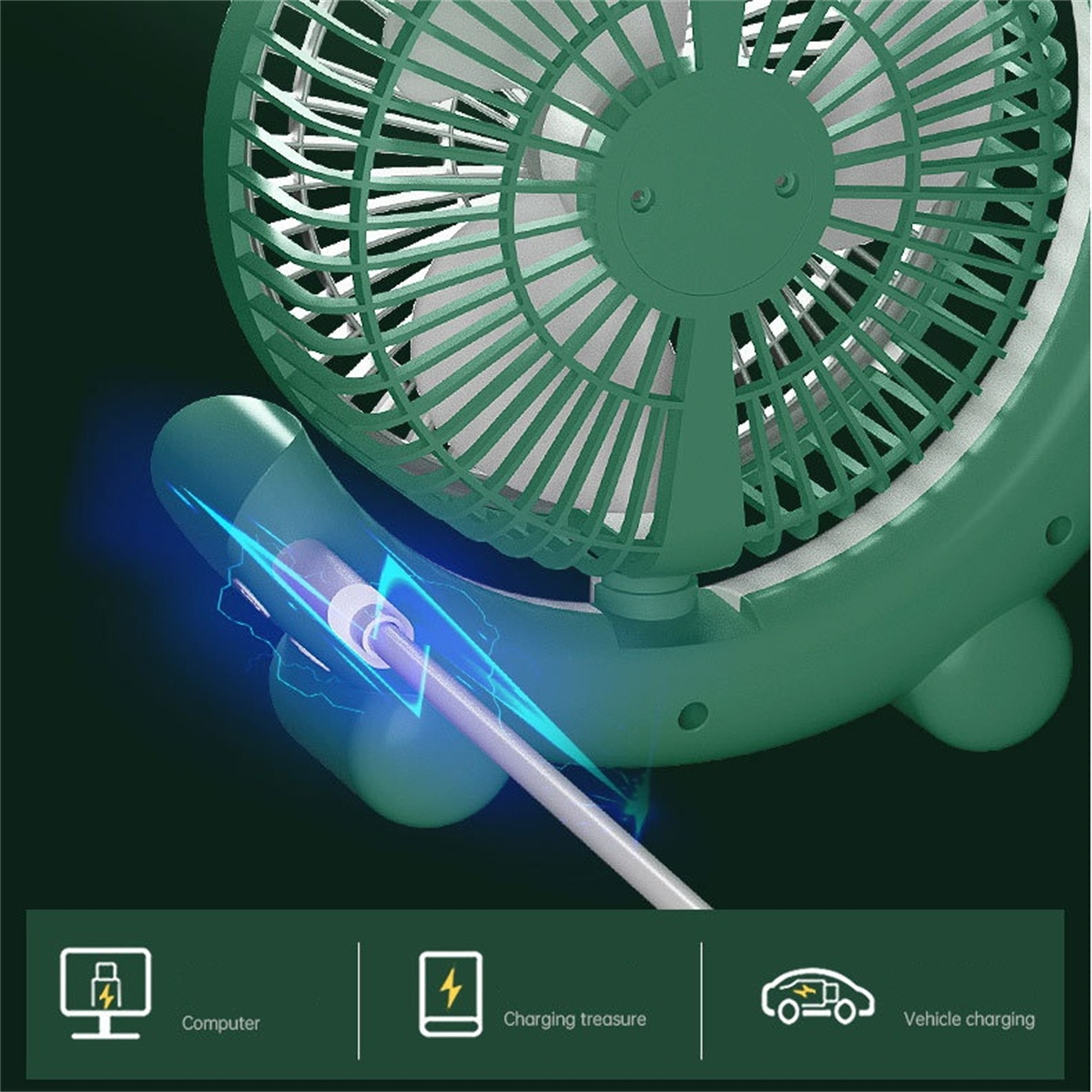 Ein grüner Ventilator eingesteckt, mit Ladeoptionen: Computer, Ladeschatz und Fahrzeugladung. Dunkler Hintergrund.