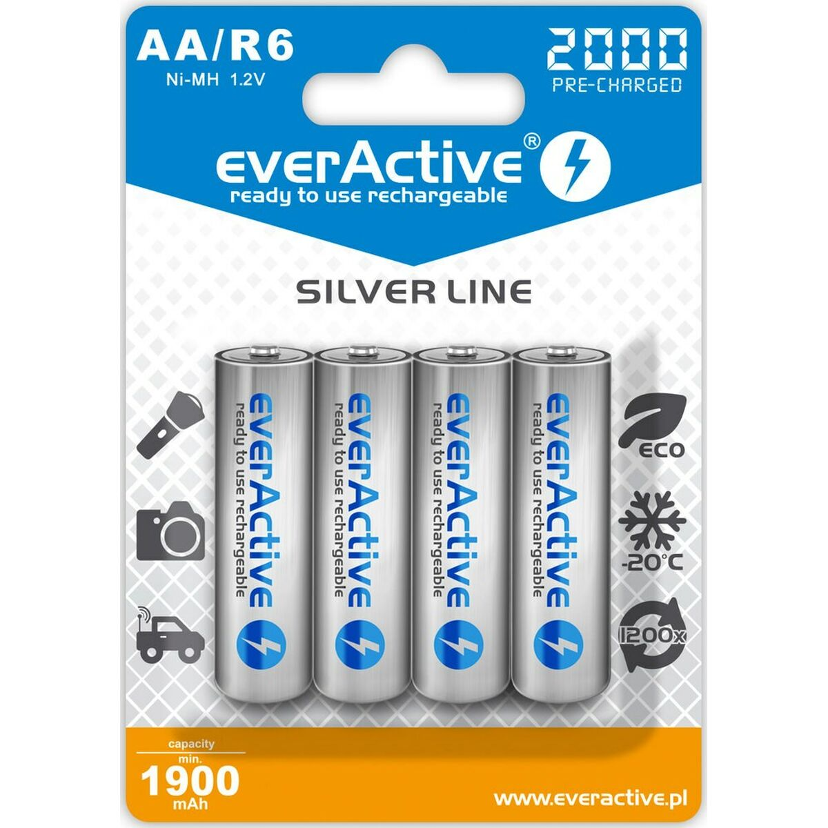 Verpackung mit wiederaufladbaren EverActive AA/R6-Batterien, mit Symbolen und Text zu den Spezifikationen.
