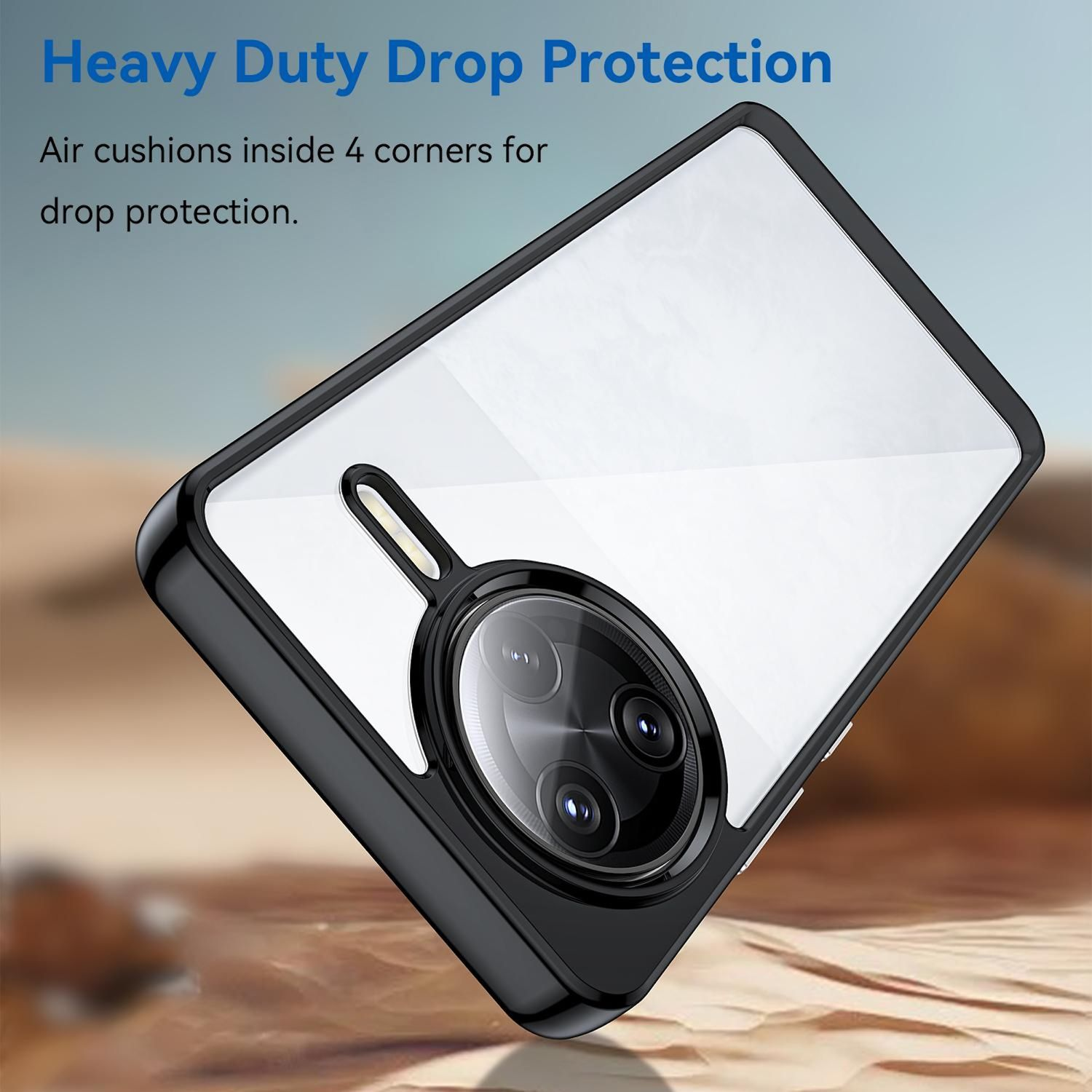 Handyhülle, schräge Ansicht, schwarzer Rahmen, transparente Rückseite. Nahaufnahme des Kamerabereichs, mit Sandhintergrund.