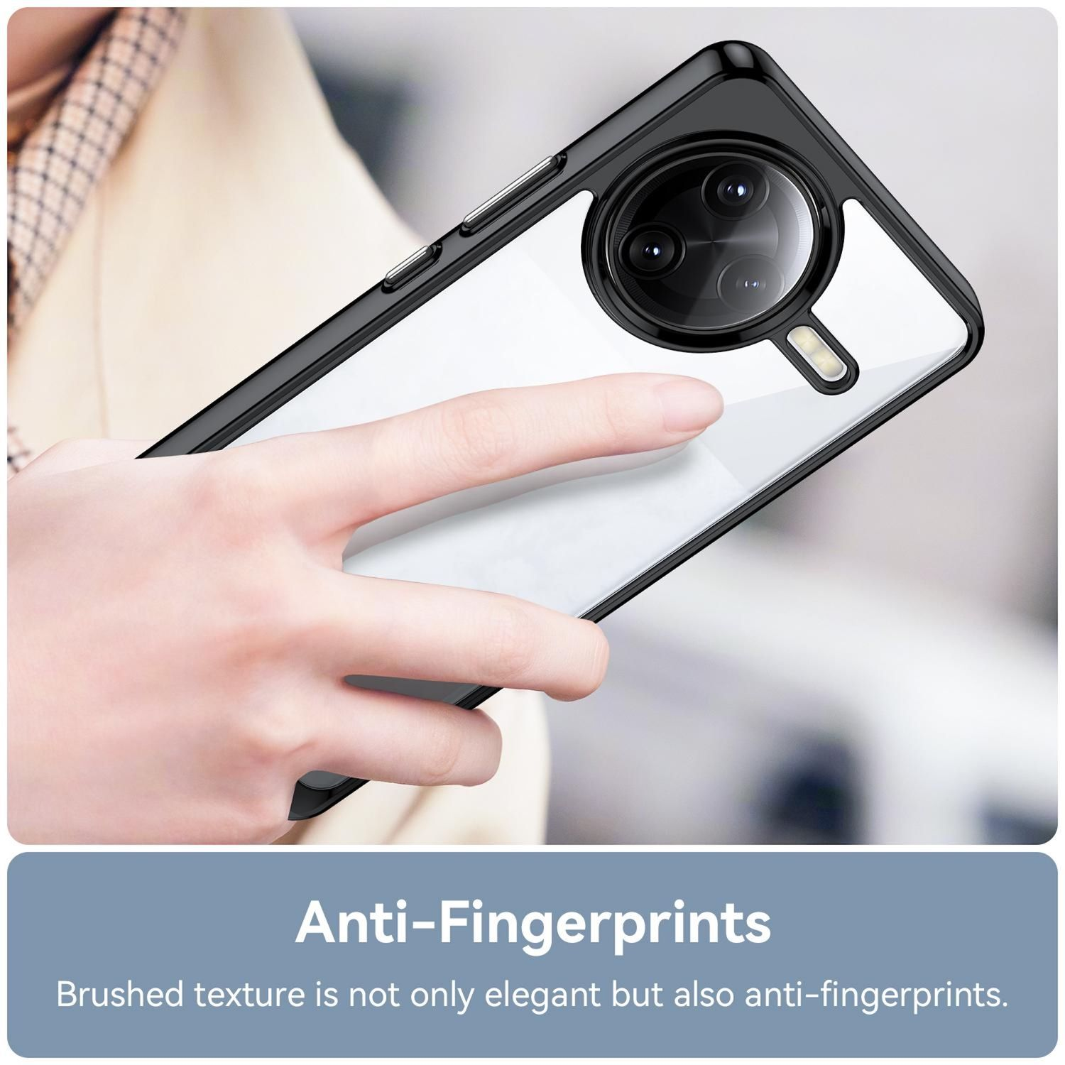 Eine Handyhülle, schwarzer Rahmen und transparente Rückseite. Von einer Hand gehalten, ist sie gegen Fingerabdrücke.