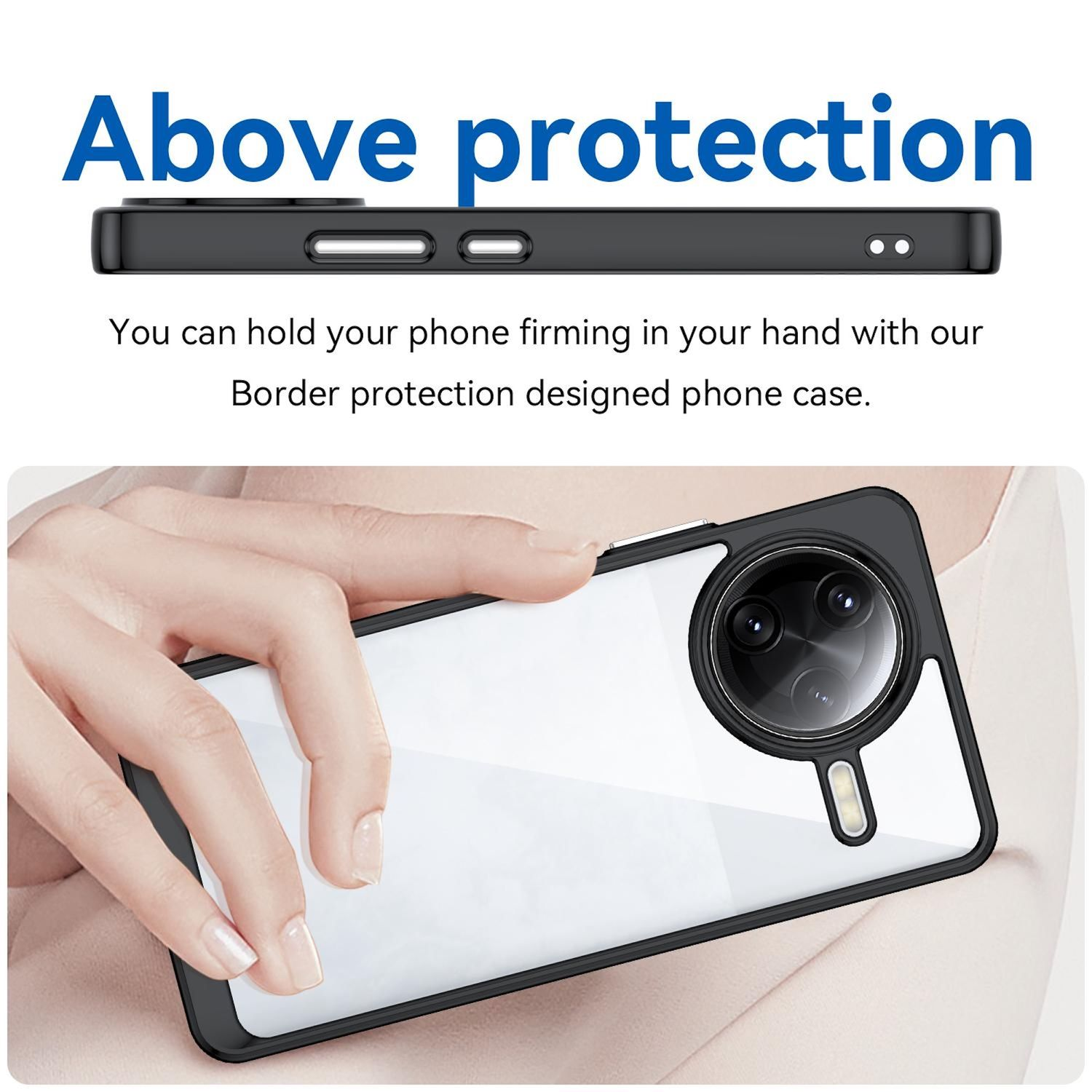 Hand, die ein Telefon mit klarer Hülle hält, zeigt den schwarzen Kantenschutz der Hülle.