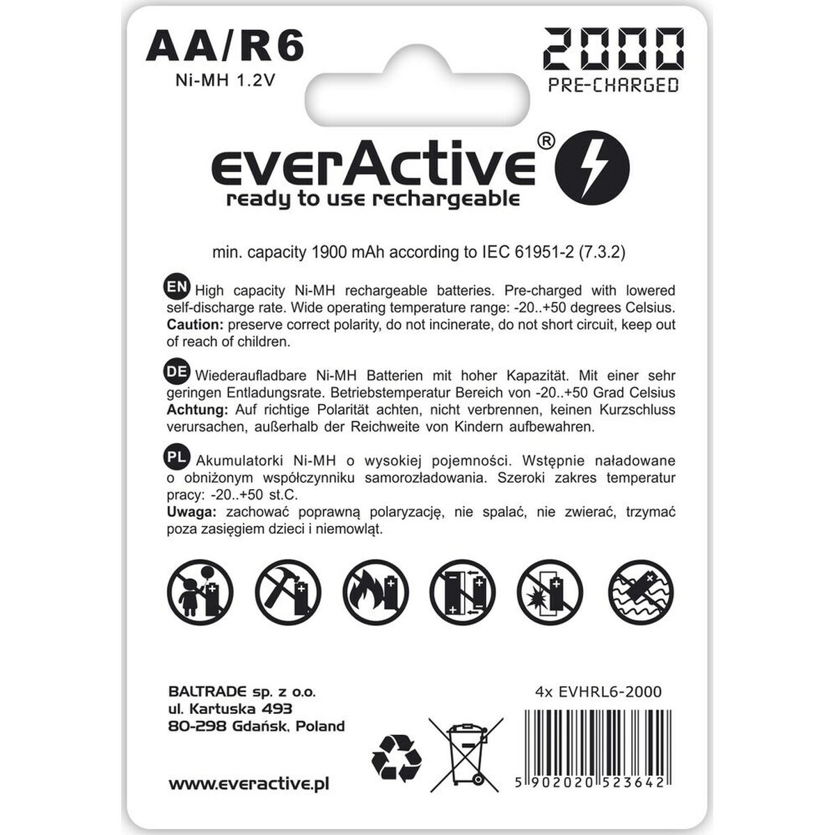 Rückseite der EverActive AA/R6 Akku-Batterien-Verpackung, mit Text, Symbolen und Barcode.