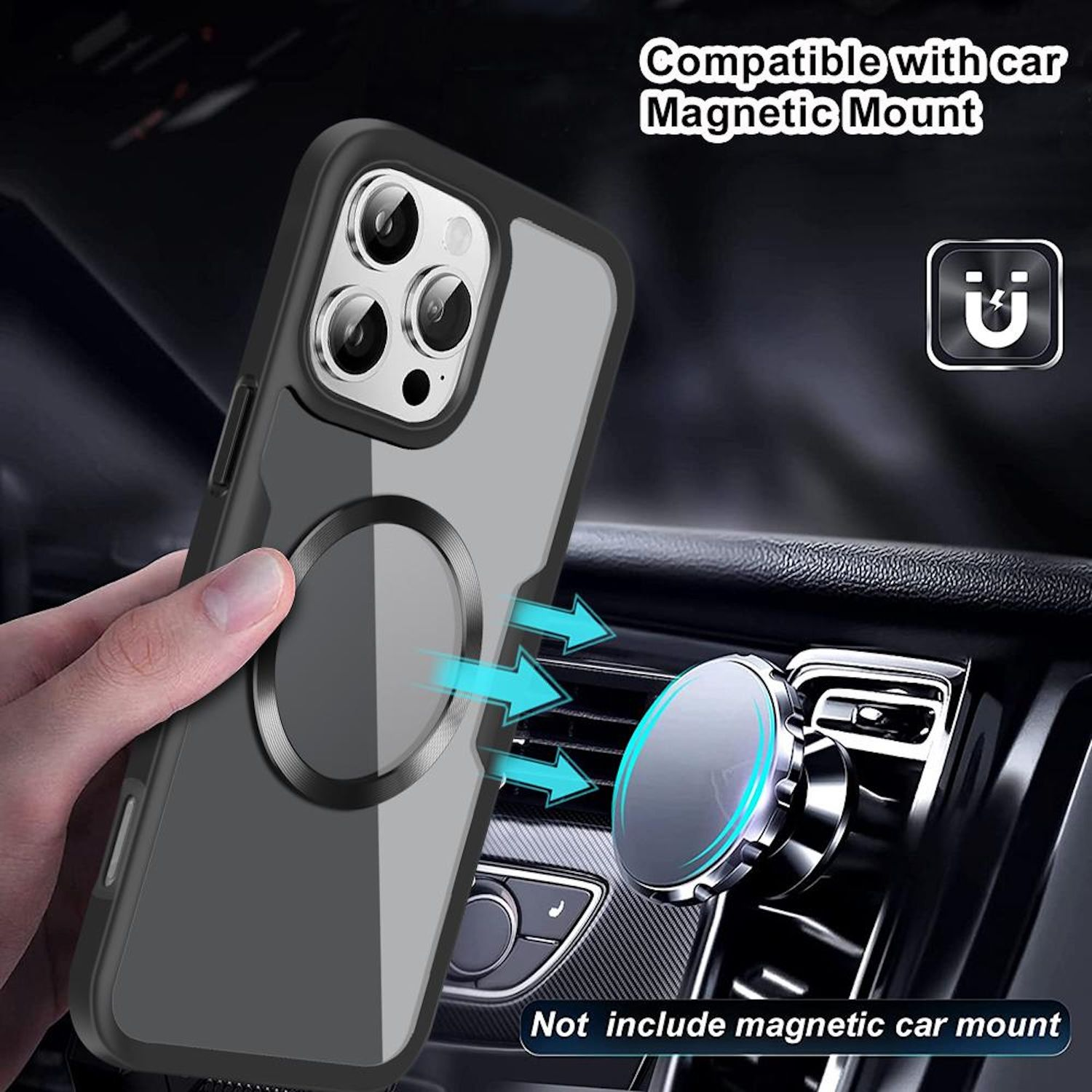 Telefonhülle mit Autohalterung. Telefonhülle in einem Auto mit der magnetischen Halterung und Pfeilen darauf.