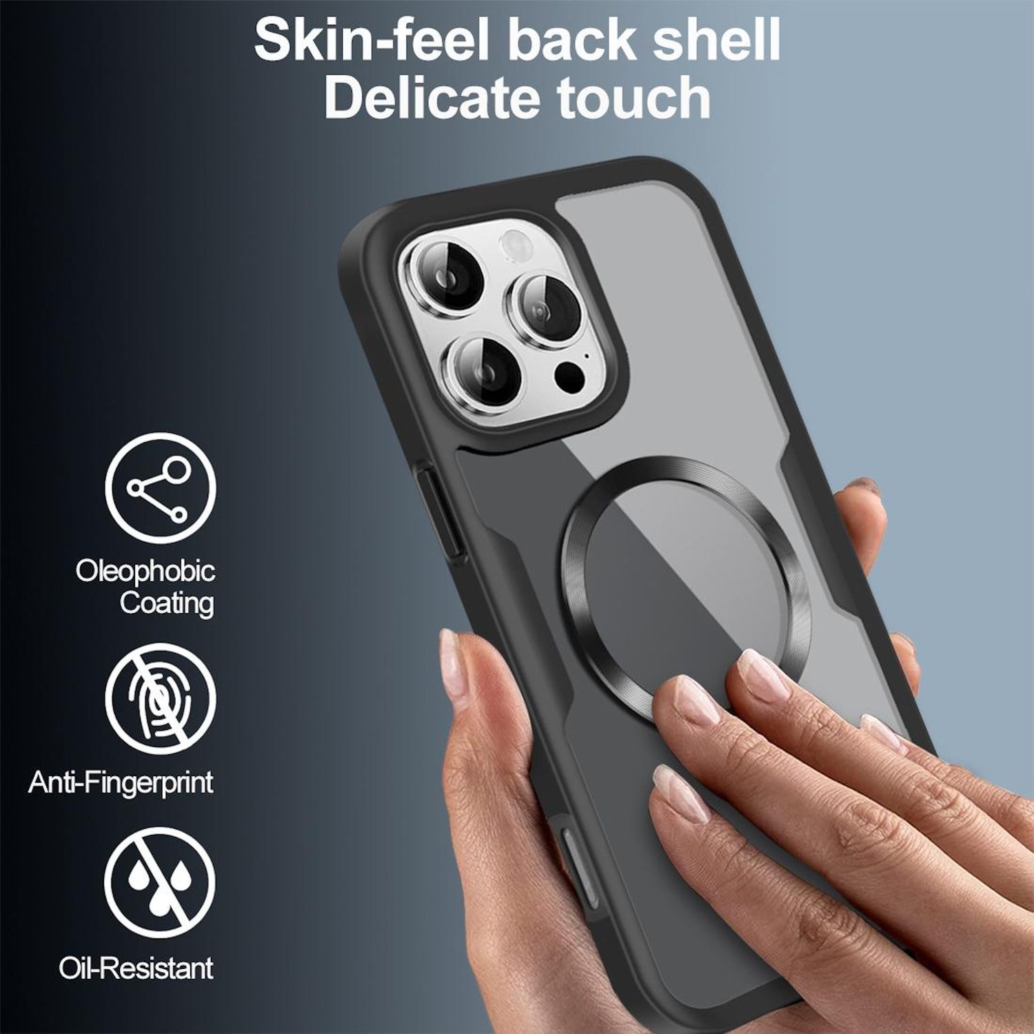 Eine Hand hält eine Handyhülle mit Symbolen für Beschichtung, Anti-Fingerabdruck und Ölbeständigkeit.