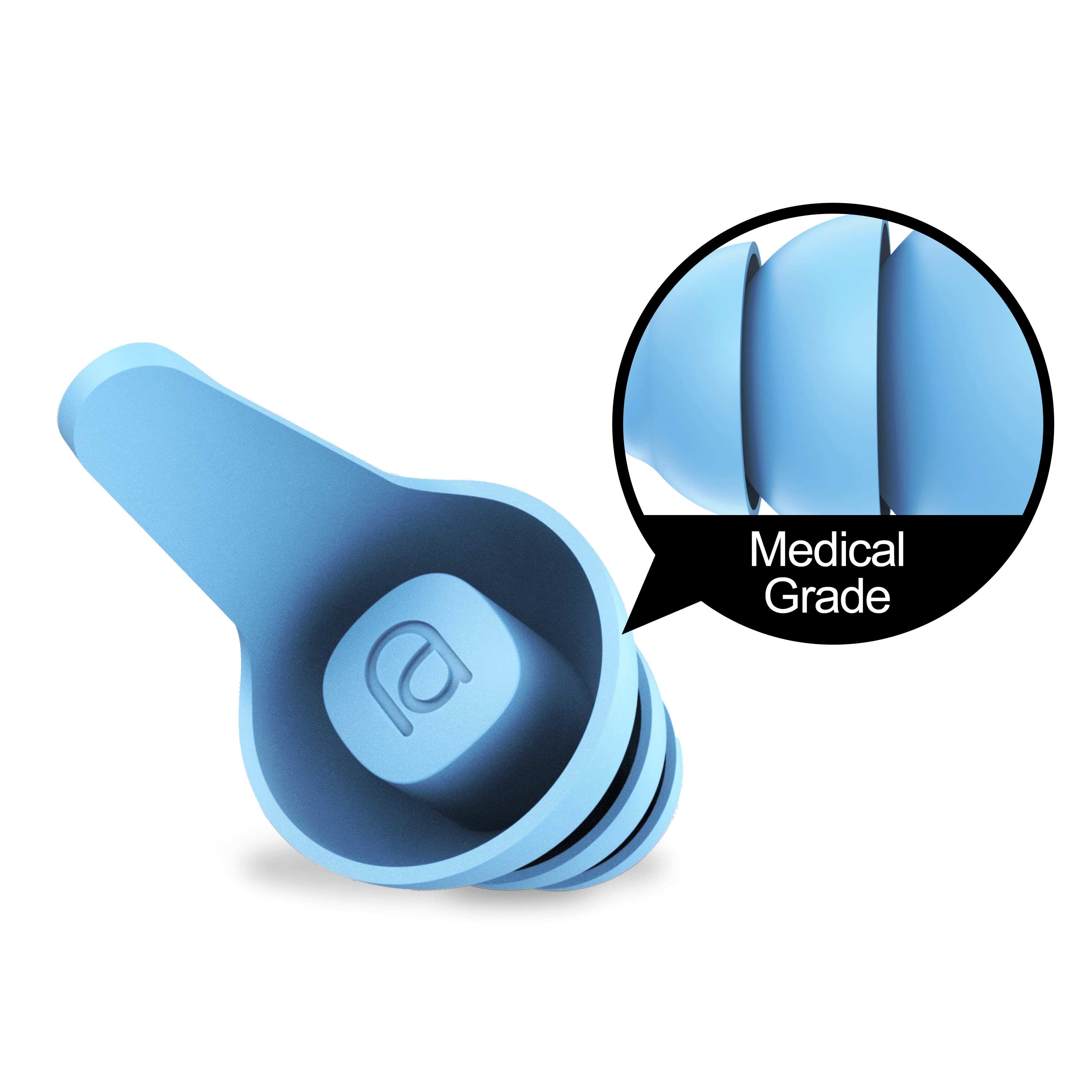 Blaue Ohrstöpsel mit Nahaufnahme, beschriftet mit 'Medical Grade'.