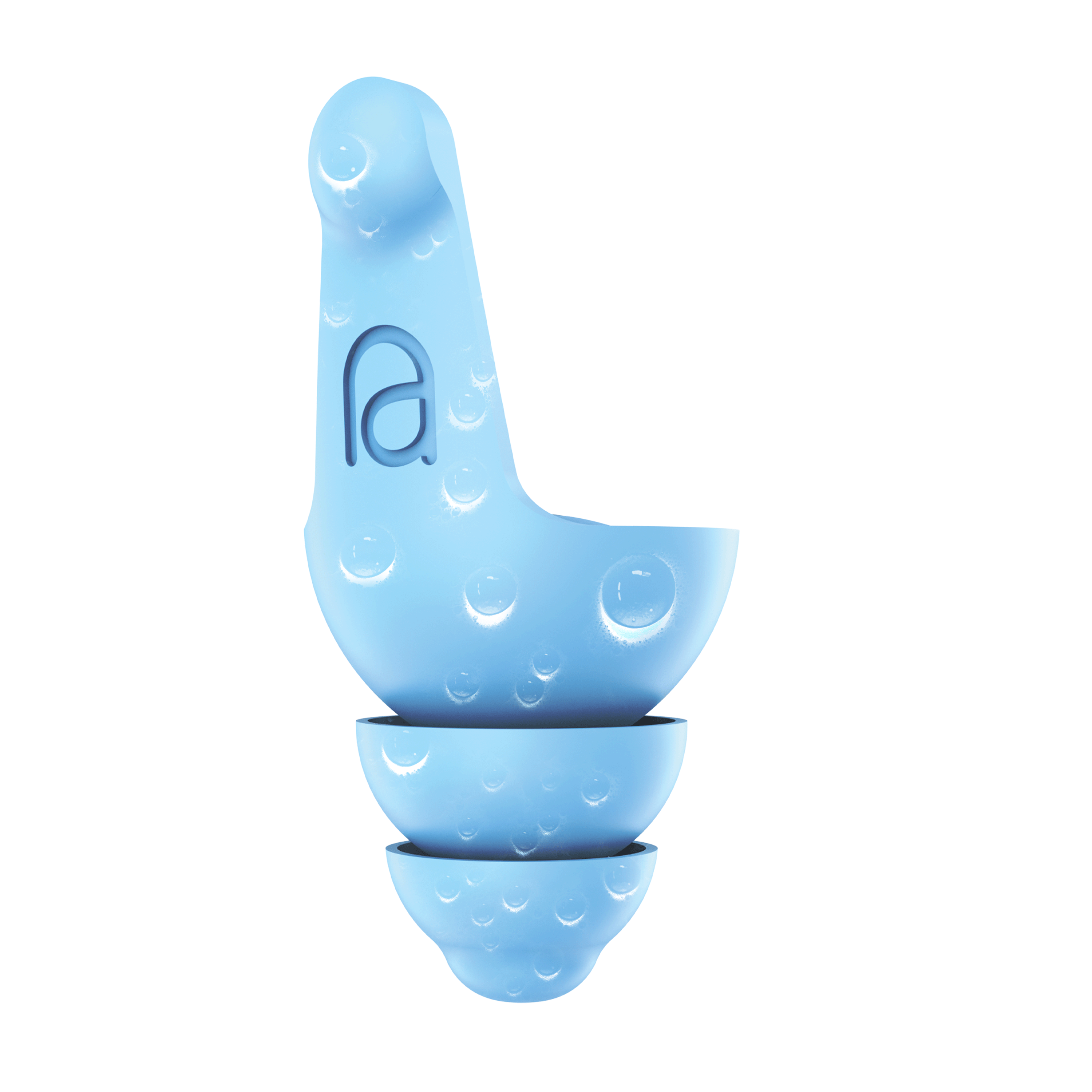 Blaue Ohrstöpsel. Jeder Ohrstöpsel besteht aus drei Abschnitten, mit Markenlogo oben.