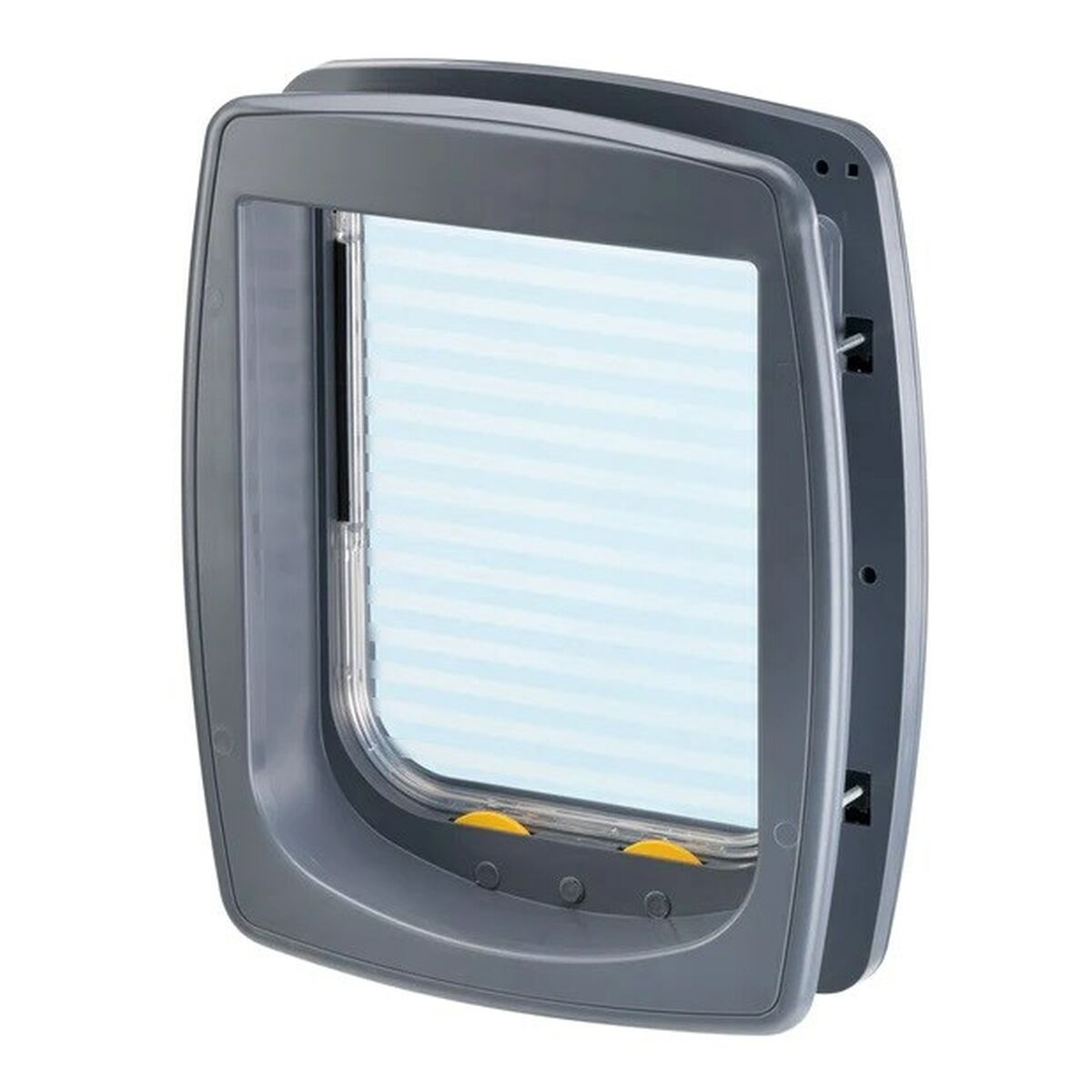 Porta grigia per animali con sportello trasparente. Il telaio è grigio, lo sportello trasparente con strisce blu.