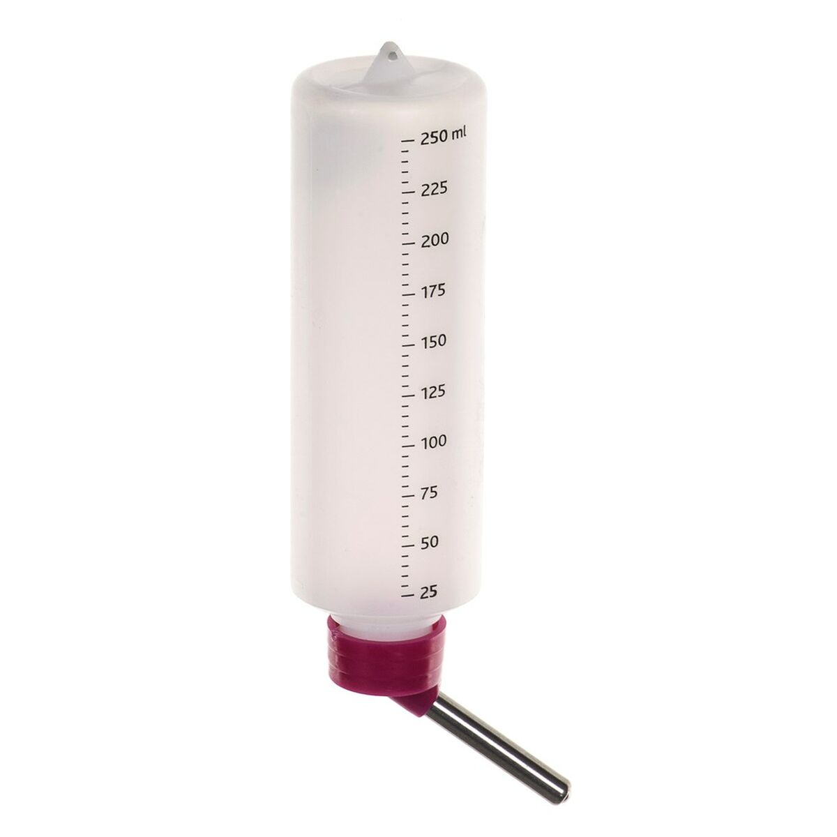 Una botella de agua blanca para mascotas con boquilla roja, que muestra medidas.