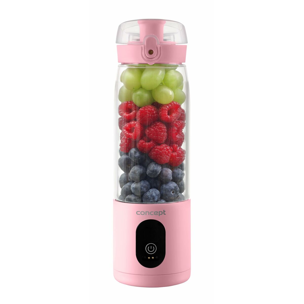 Eine rosa Mixflasche mit Schichten aus grünen Trauben, roten Himbeeren und Blaubeeren.